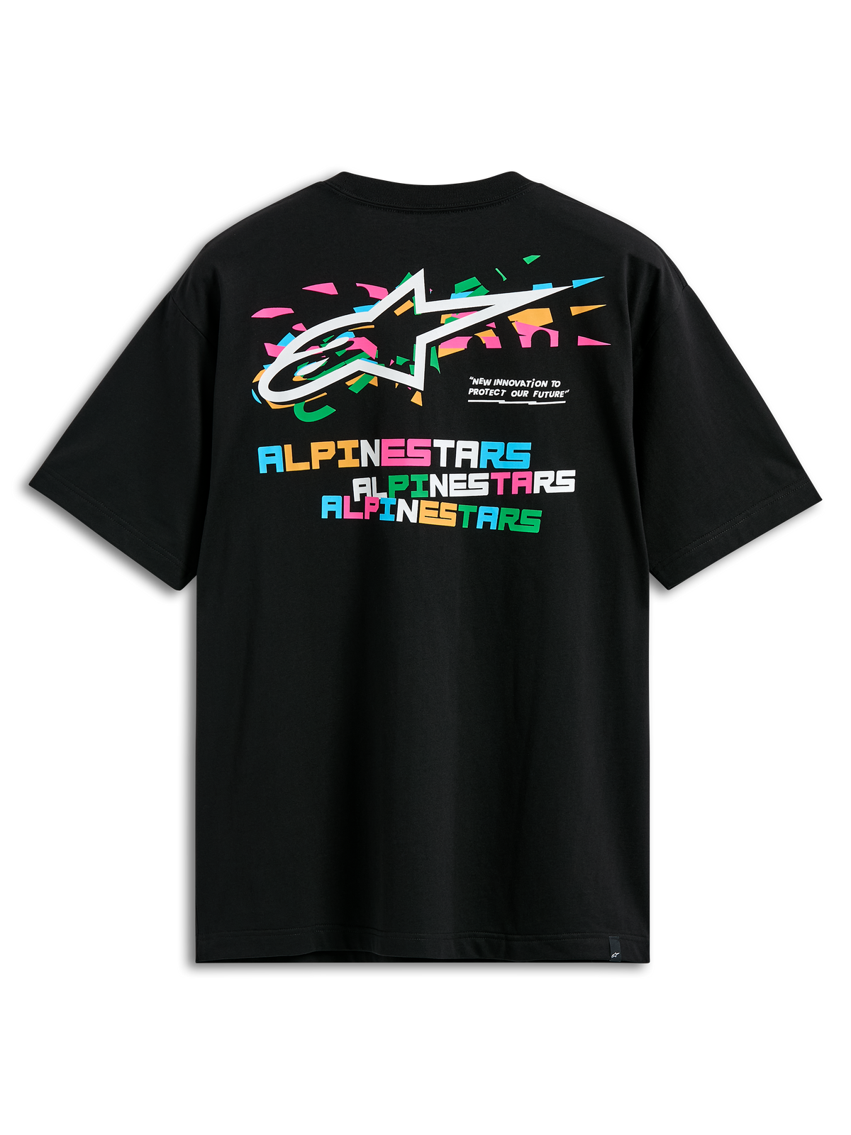 Alpinestars Wild Oversized CSF Tee, Short Sleeve T-Shirt, Black, back view featuring vibrant multi-color Astars logo and stacked block Alpinestars lettering, casual streetwear