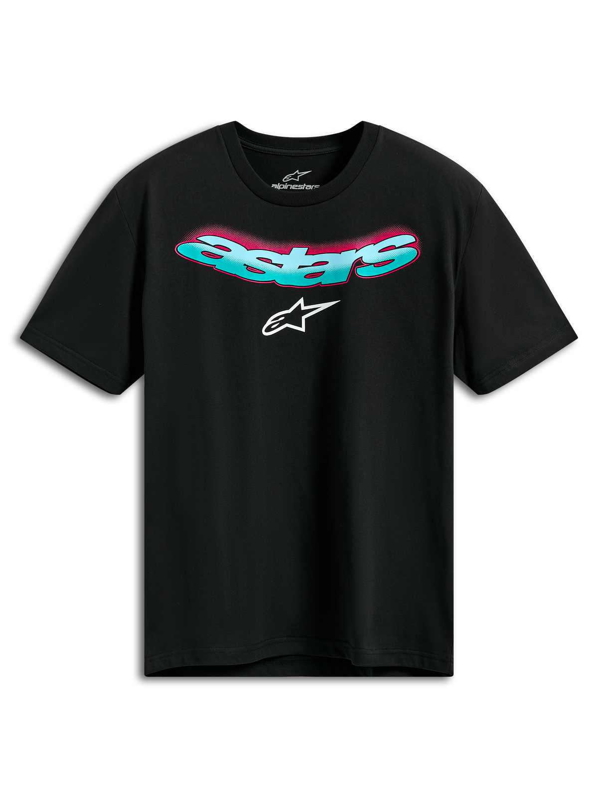Alpinestars Ellipsoid CSF Tee, T-shirt met korte mouwen, zwart, gebogen tealkleurig Astars-woordmerk met roze kleurverloop en wit logo, casual motorsport sportkleding
