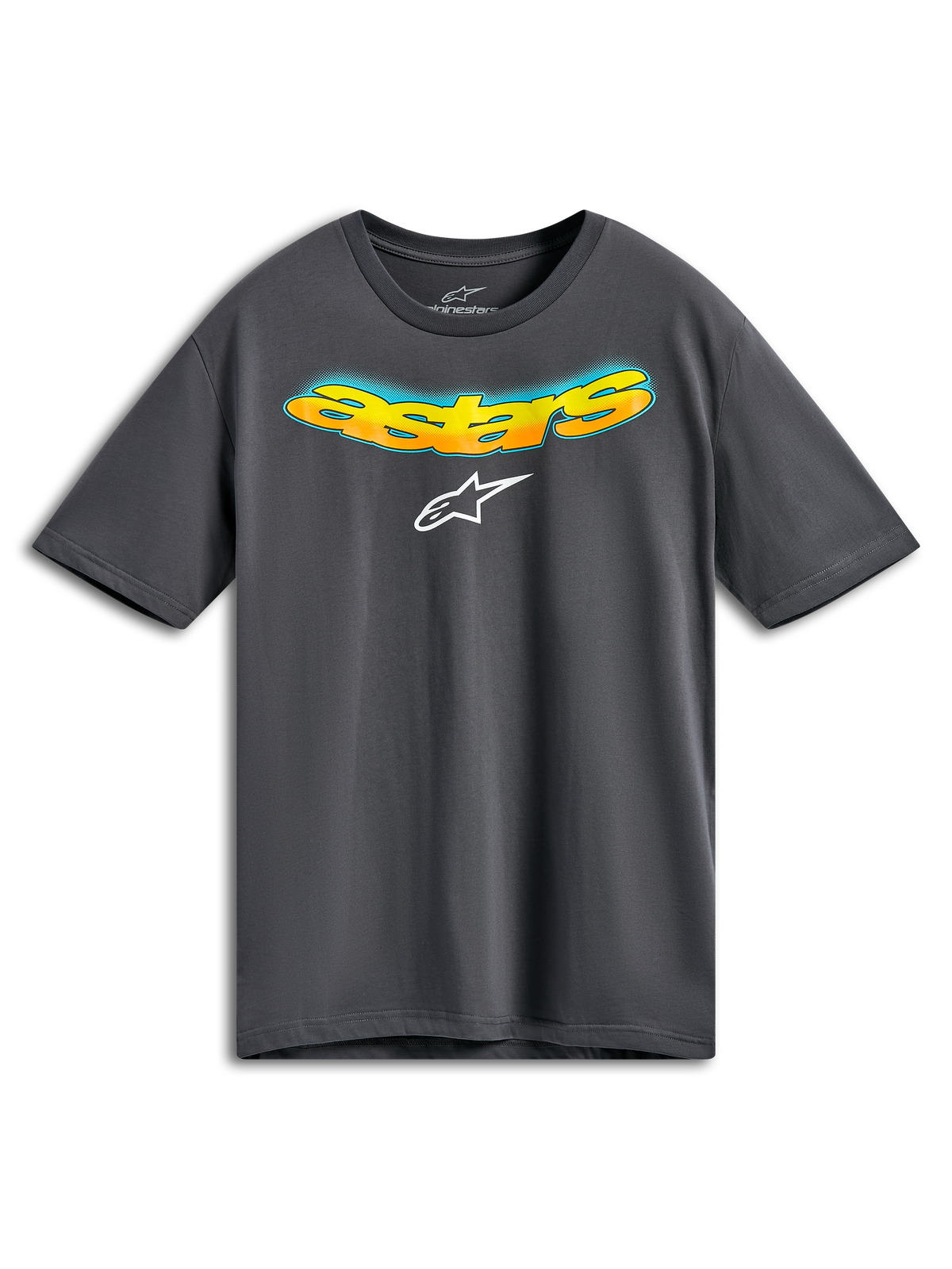 Alpinestars Ellipsoid CSF Tee, T-shirt met korte mouwen, antracietgrijs, voorzijde met gebogen Astars-tekst in oranje en geel kleurverloop en blauw halftoon detail, wit Alpinestars-logo, casual sportkleding