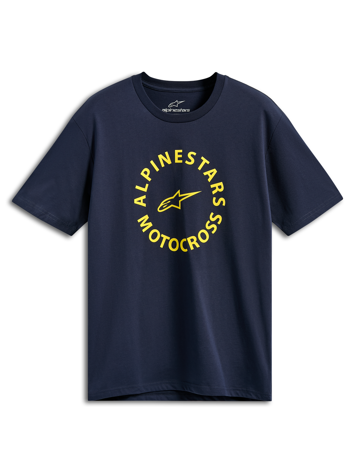 Alpinestars MX CSF Tee, T-shirt met korte mouwen, marineblauw, gele ronde Alpinestars Motocross-grafiek, casual motorsport streetwear