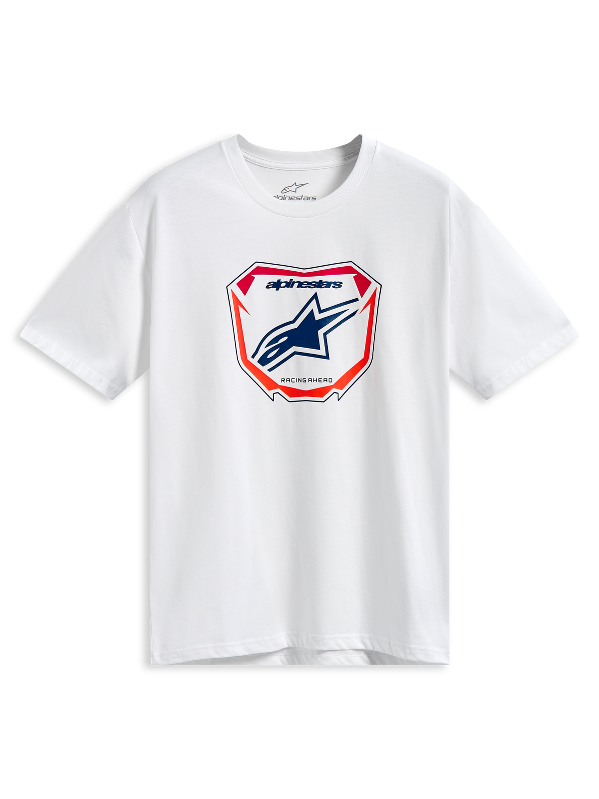 Alpinestars Plate CSF Tee, T-shirt met korte mouwen, wit, centrale MX-plaatgrafiek met blauw Astars-logo en rode en oranje accenten, casual motorsport streetwear