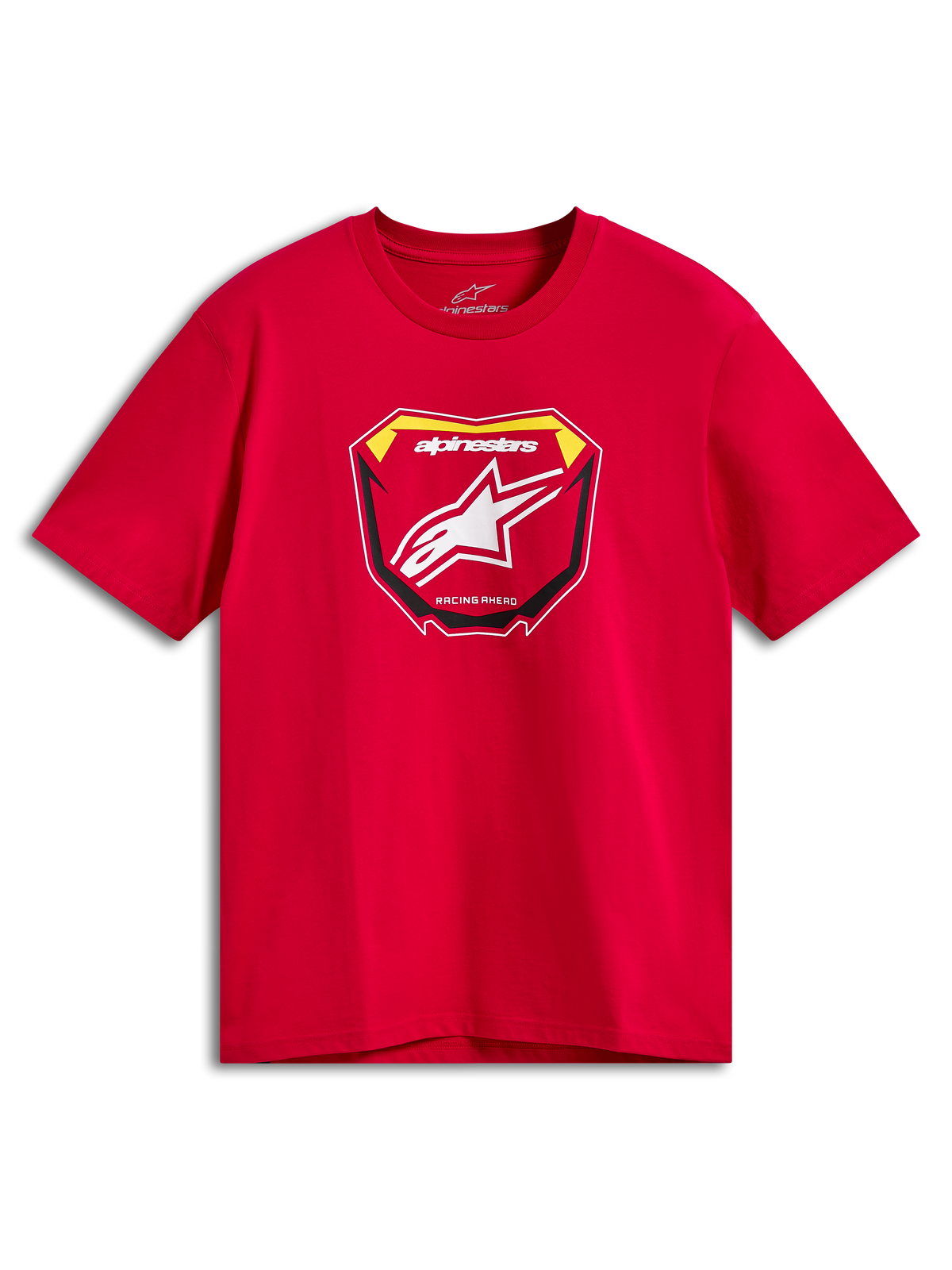 Alpinestars Plate CSF Tee, T-shirt met korte mouwen, rood, MX-plaatgrafiek op de voorzijde met wit Astars-logo en "Racing Ahead"-tekst, casual motorsport sportkleding