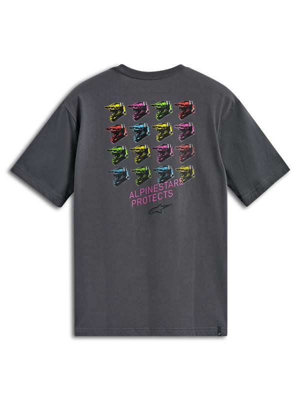 Alpinestars Pop Helmet CSF Tee, Short Sleeve T-Shirt, Charcoal Gray, Back Graphic with Colorful M10 Helmet Art and Alpinestars Protects Logo, Casual Motorsport Sportswear