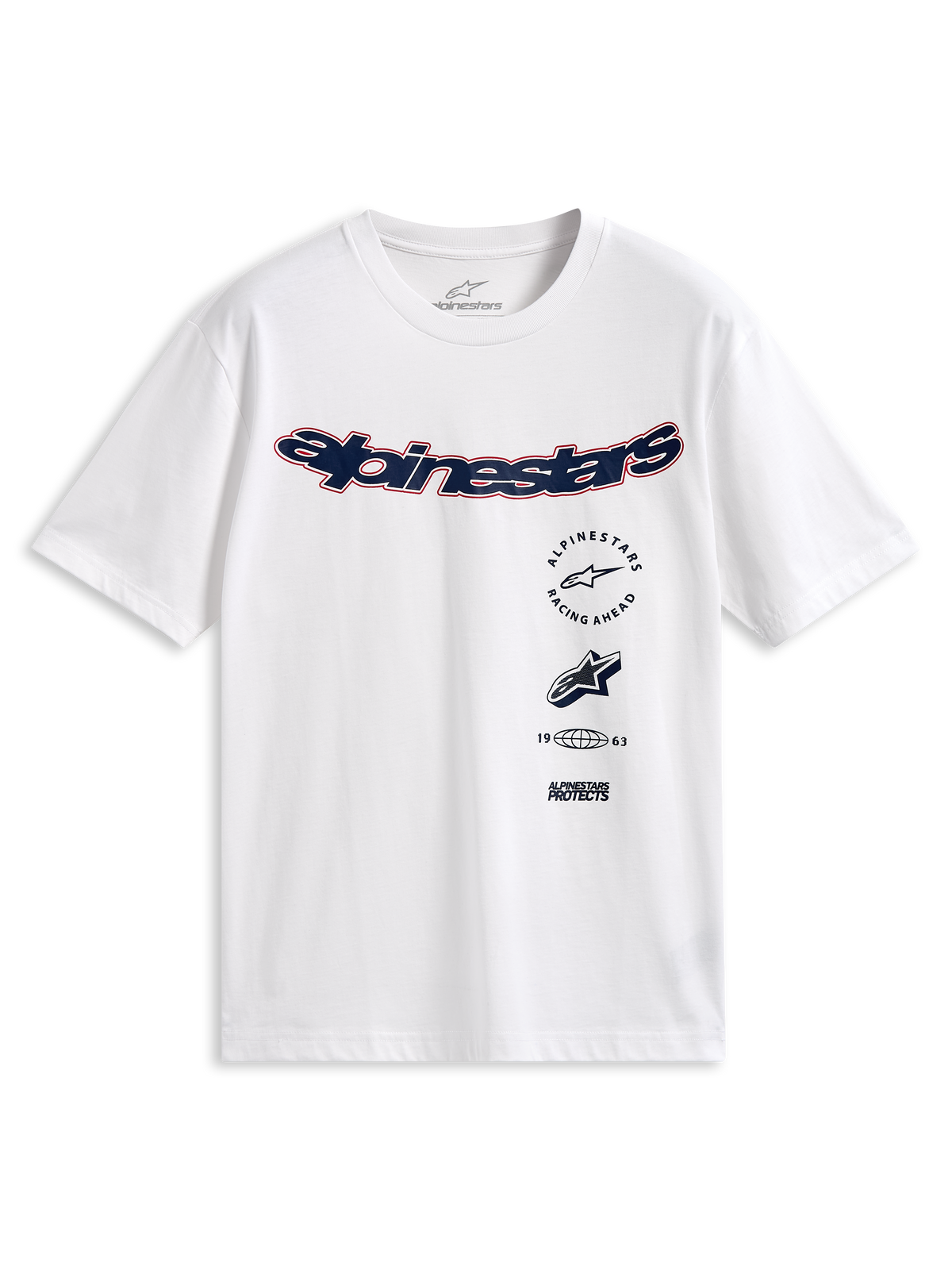 Alpinestars Abus CSF Tee, T-shirt met korte mouwen, wit, gebogen navyblauw Alpinestars-logo met rode omlijning, meerdere gestapelde graphics op de voorkant, casual motorsport streetwear