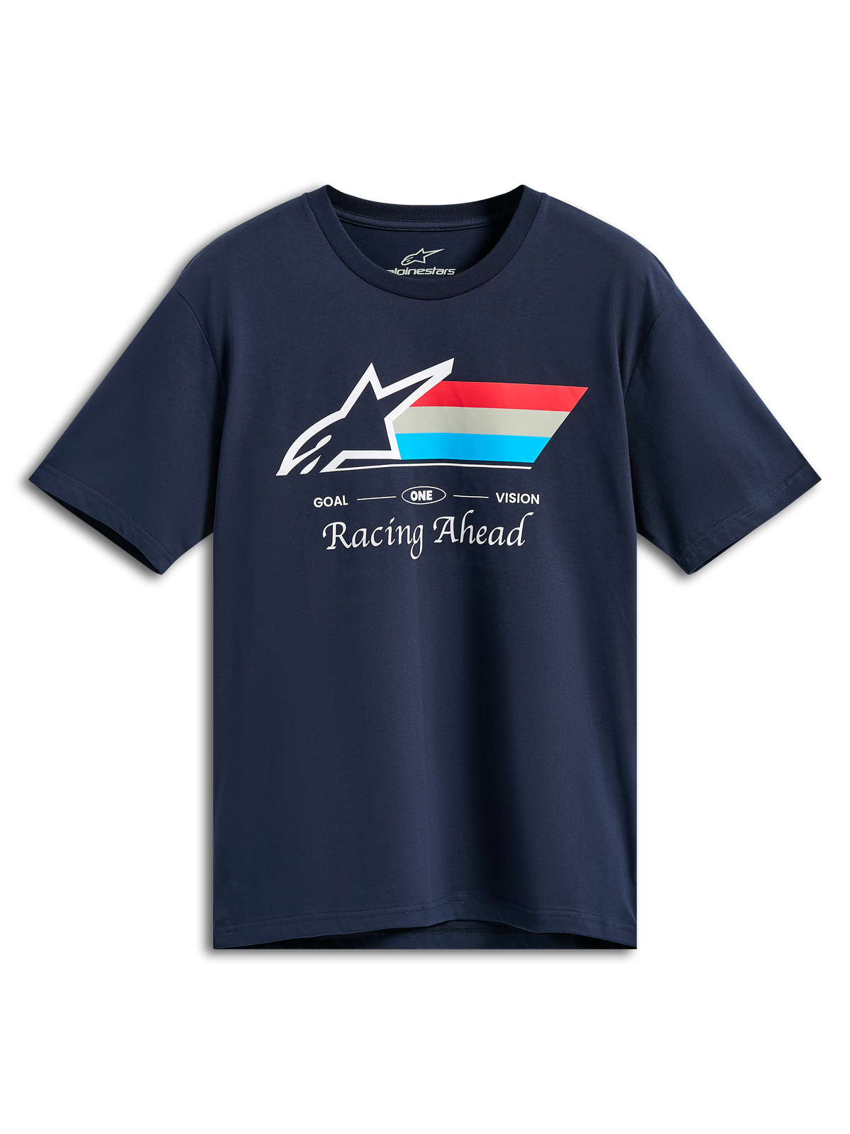 Alpinestars Trifecta CSF Tee, t-shirt met korte mouwen, navy blauw, wit Astars-logo met rode, grijze en cyaan strepen, tekst GOAL ONE VISION en Racing Ahead, casual motorsport streetwear