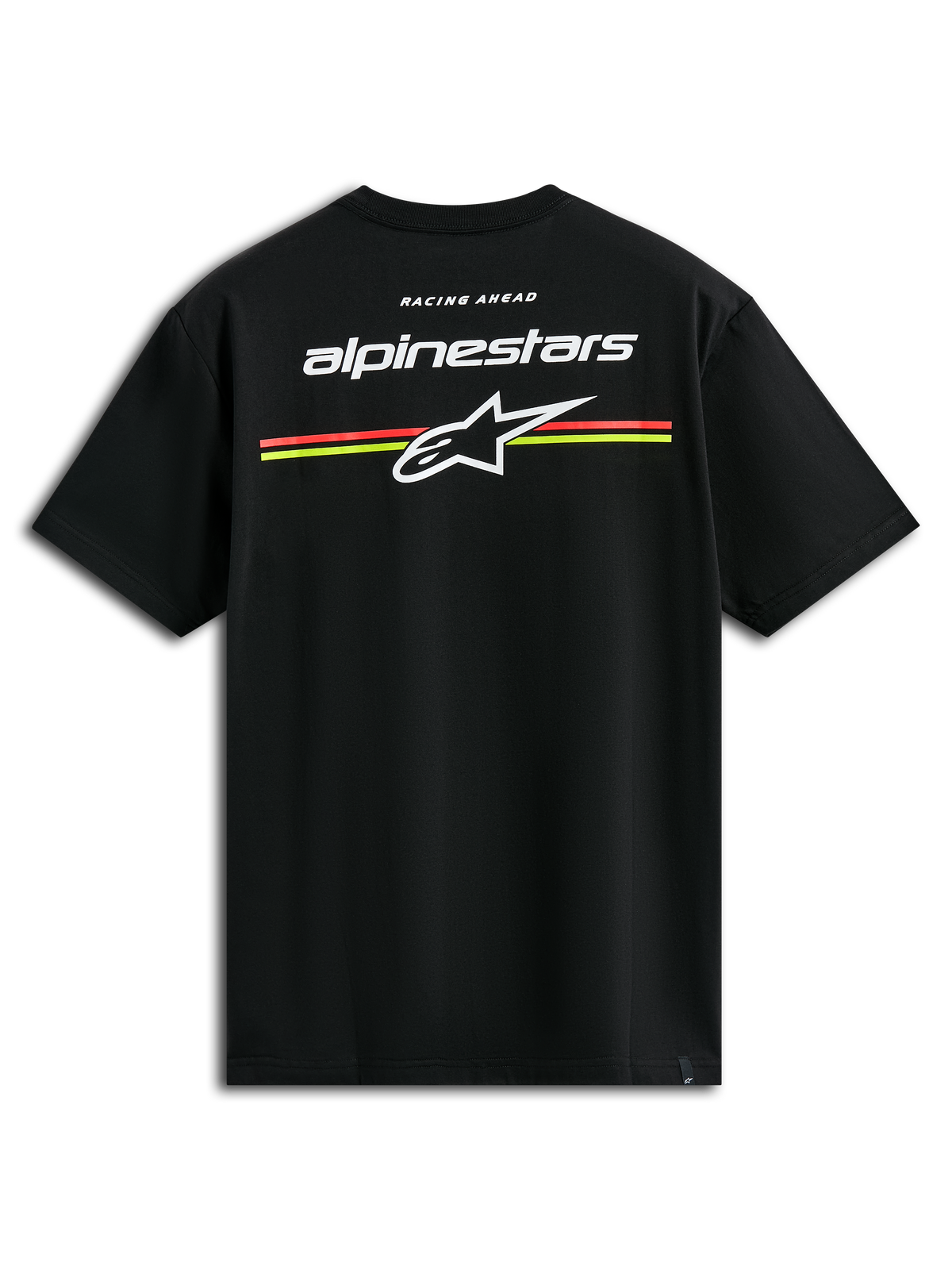 Alpinestars Lanes CSF Tee, t-shirt met korte mouwen, zwart, witte Alpinestars en Astars logo's met oranje en gele horizontale strepen op de achterkant, casual motorsport streetwear