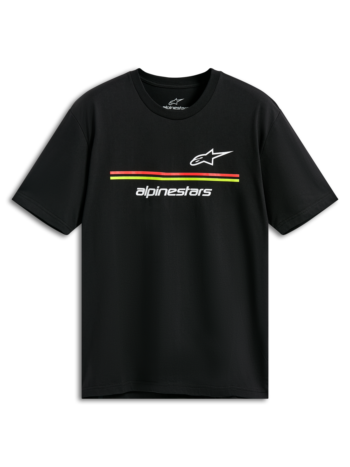 Alpinestars Lanes CSF Tee, T-shirt met korte mouwen, zwart, witte Astars- en Alpinestars-logo's met rode en gele strepen, casual motorsport streetwear