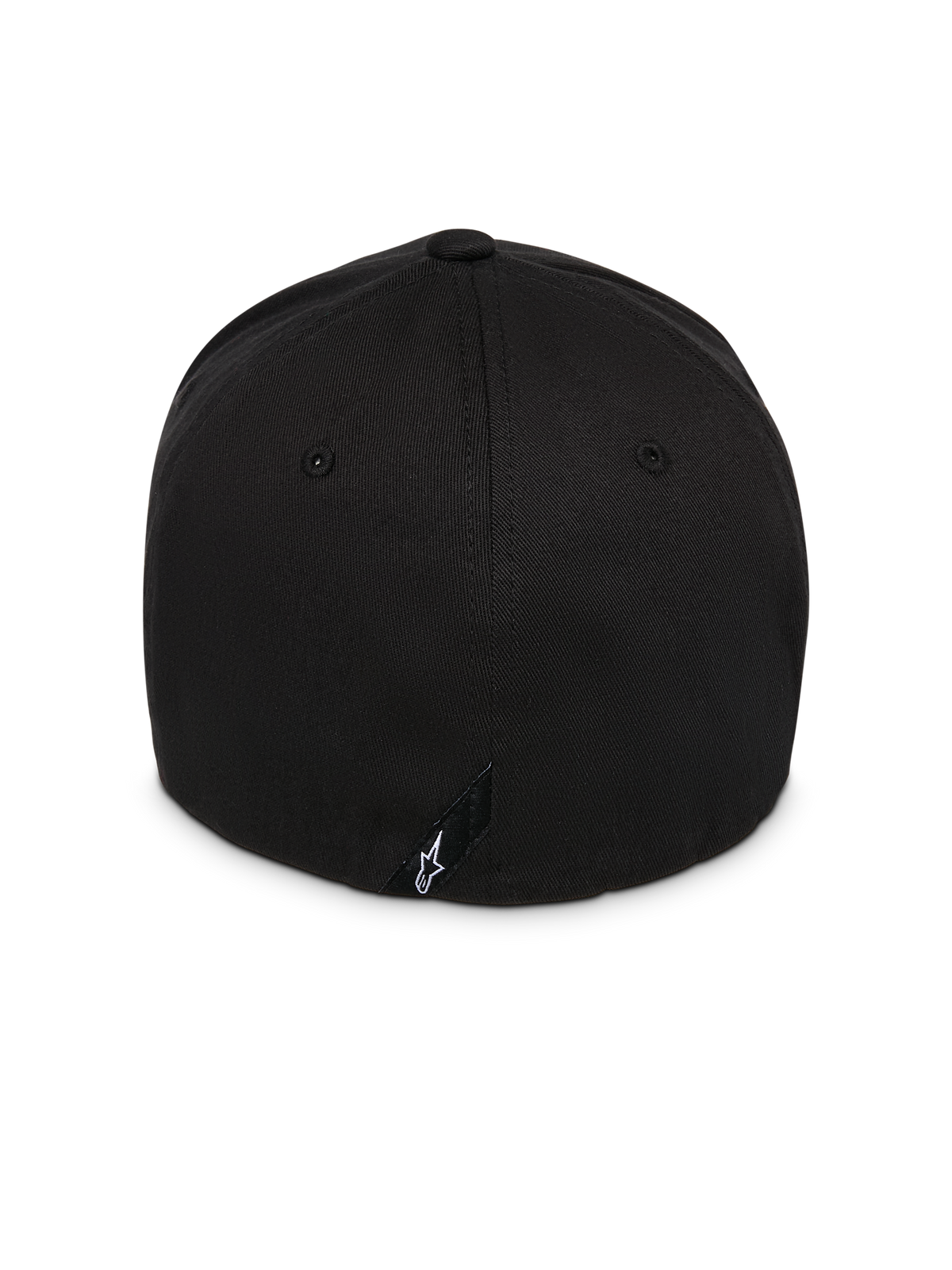 Alpinestars Instinct pet, zwart, achteraanzicht met gestructureerde kroon en flex-back ontwerp, voorzien van een klein zwart label met wit Astars-logo, duurzame twill stof, casual op motorsport geïnspireerde hoofdbedekking