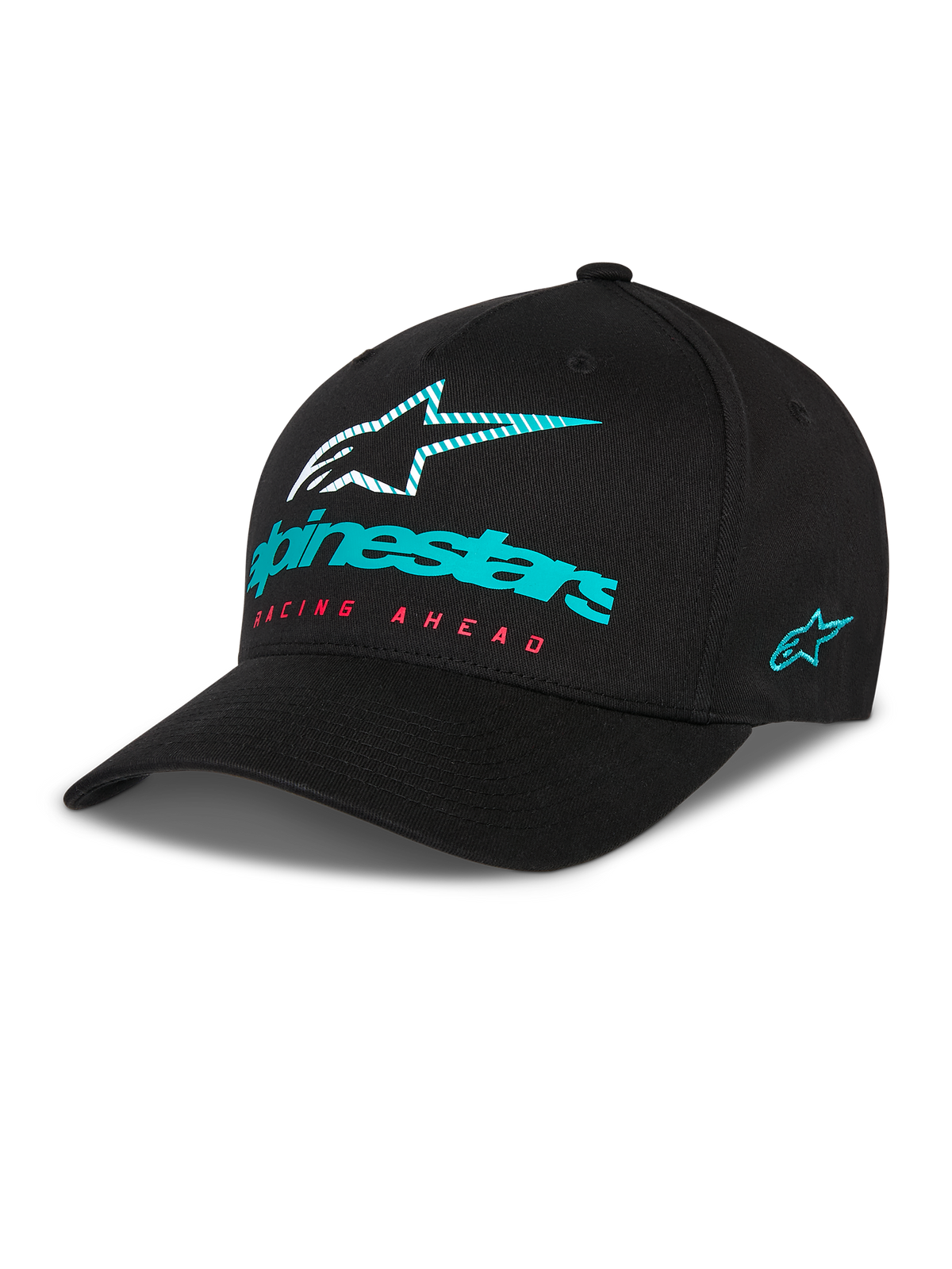 Alpinestars Instinct pet, zwarte baseballpet met gebogen klep, petrolblauw Alpinestars-logo en gestreepte ster op de voorzijde, rode 'Racing Ahead' tekst, petrolblauw geborduurd logo op de zijkant, casual motorsport hoofdbedekking.