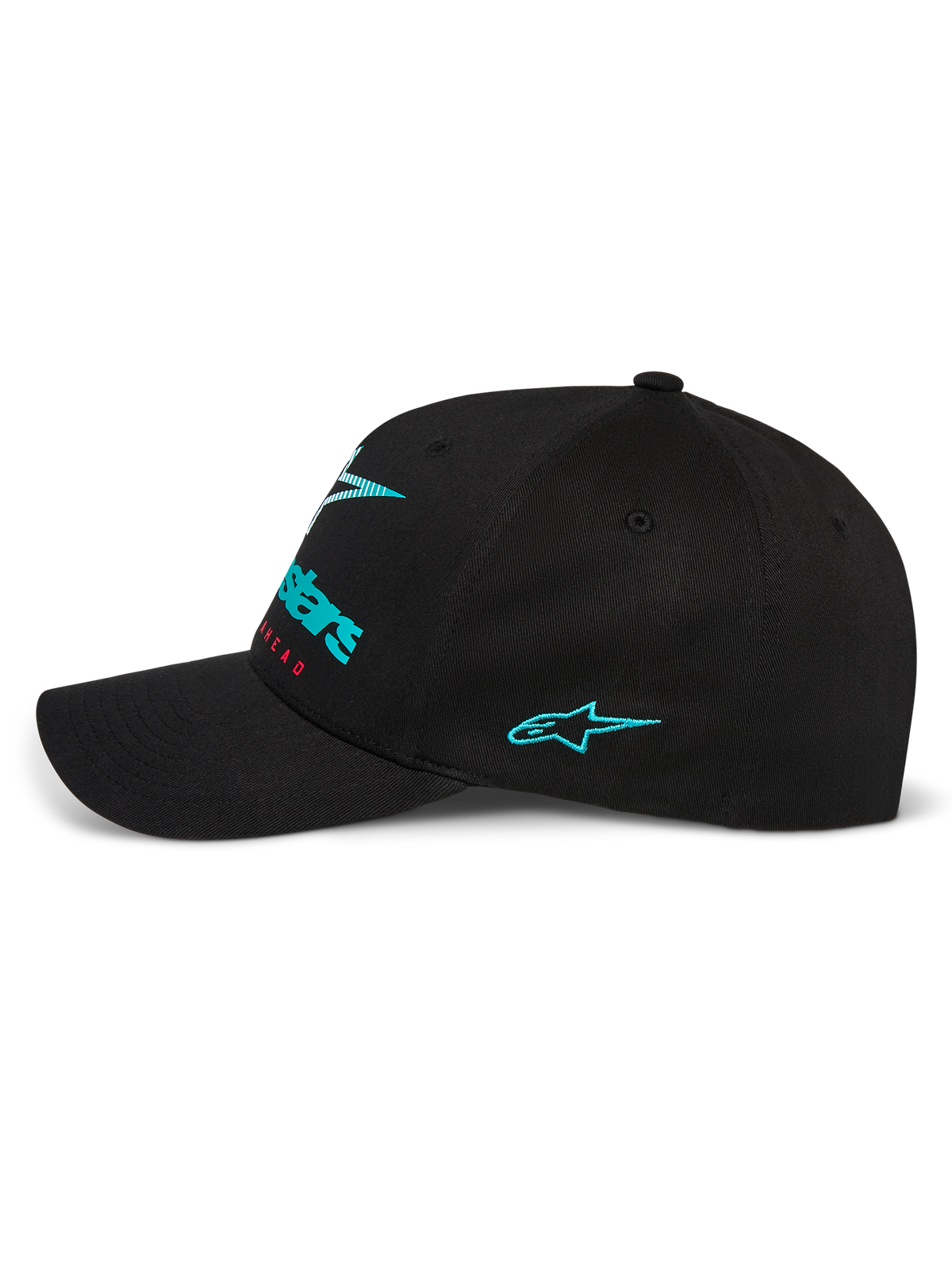 Alpinestars Instinct pet, zwarte baseballcap, zijprofiel met teal geborduurd Astars-logo op de zijkant en branding met kleurverloop aan de voorkant, gebogen klep, gestructureerde kroon, casual motorsport streetwear