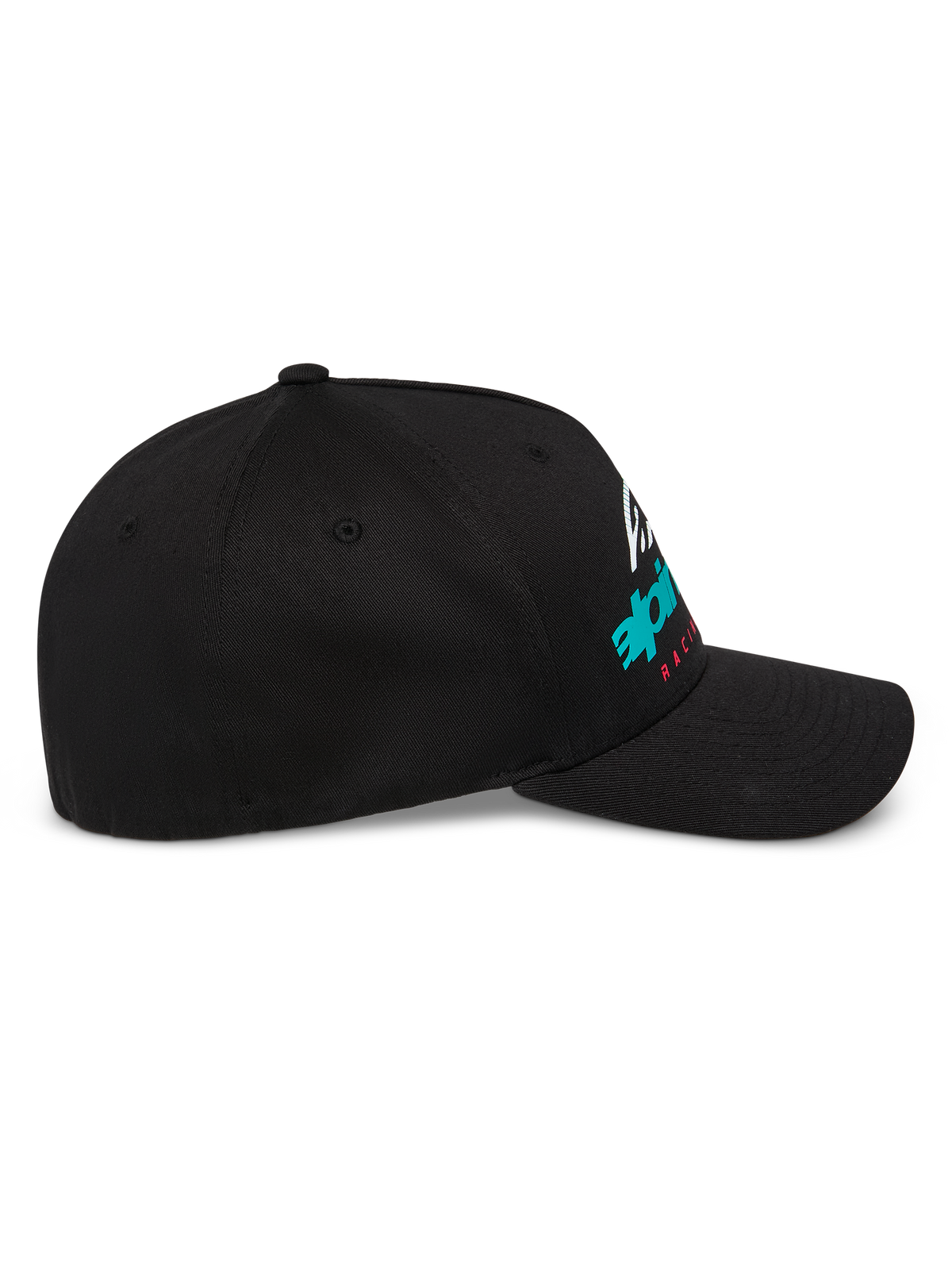 Alpinestars Instinct Pet, gestructureerde baseballcap, zwart, zijprofiel met gebogen klep en Astars-logo met kleurverloop, casual motorsport streetwear