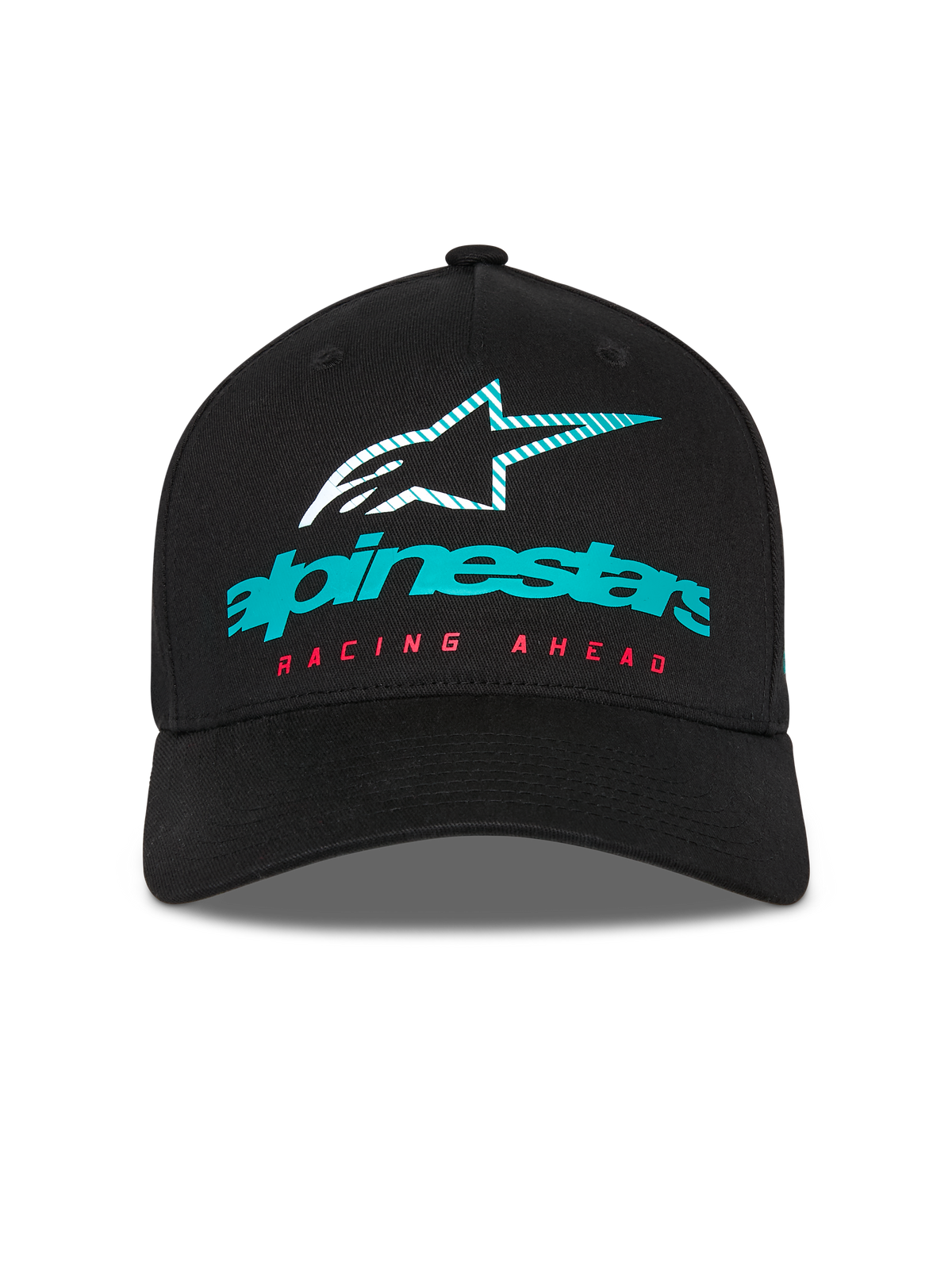 Alpinestars Instinct pet, gestructureerde baseballcap, zwart, voorzien van een blauwgroen Alpinestars-logo met een gestreept ster-icoon en rode 'RACING AHEAD'-tekst, gebogen klep, casual motorsport streetwear