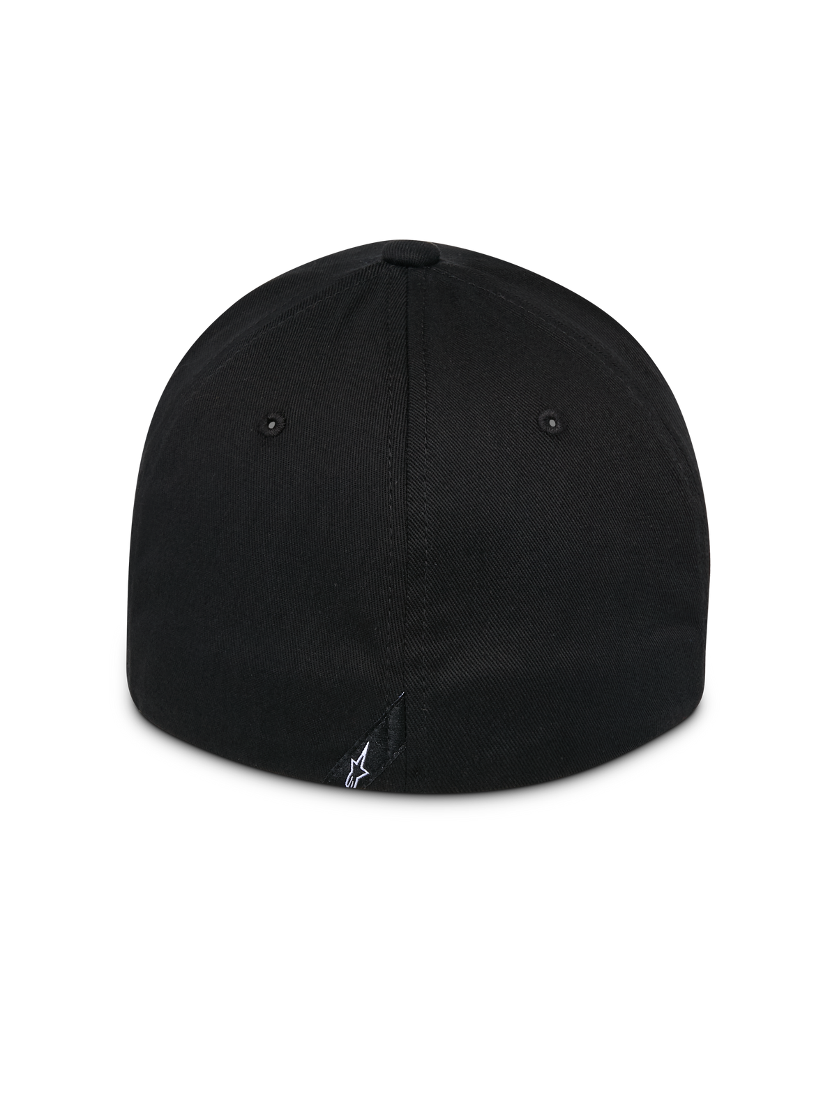 Alpinestars Surpass pet, zwart, achteraanzicht van pet met gebogen klep en gestructureerde kroon, flexibele achterkant, klein wit Astars-logo op het label aan de achterzijde, casual motorsport hoofddeksel