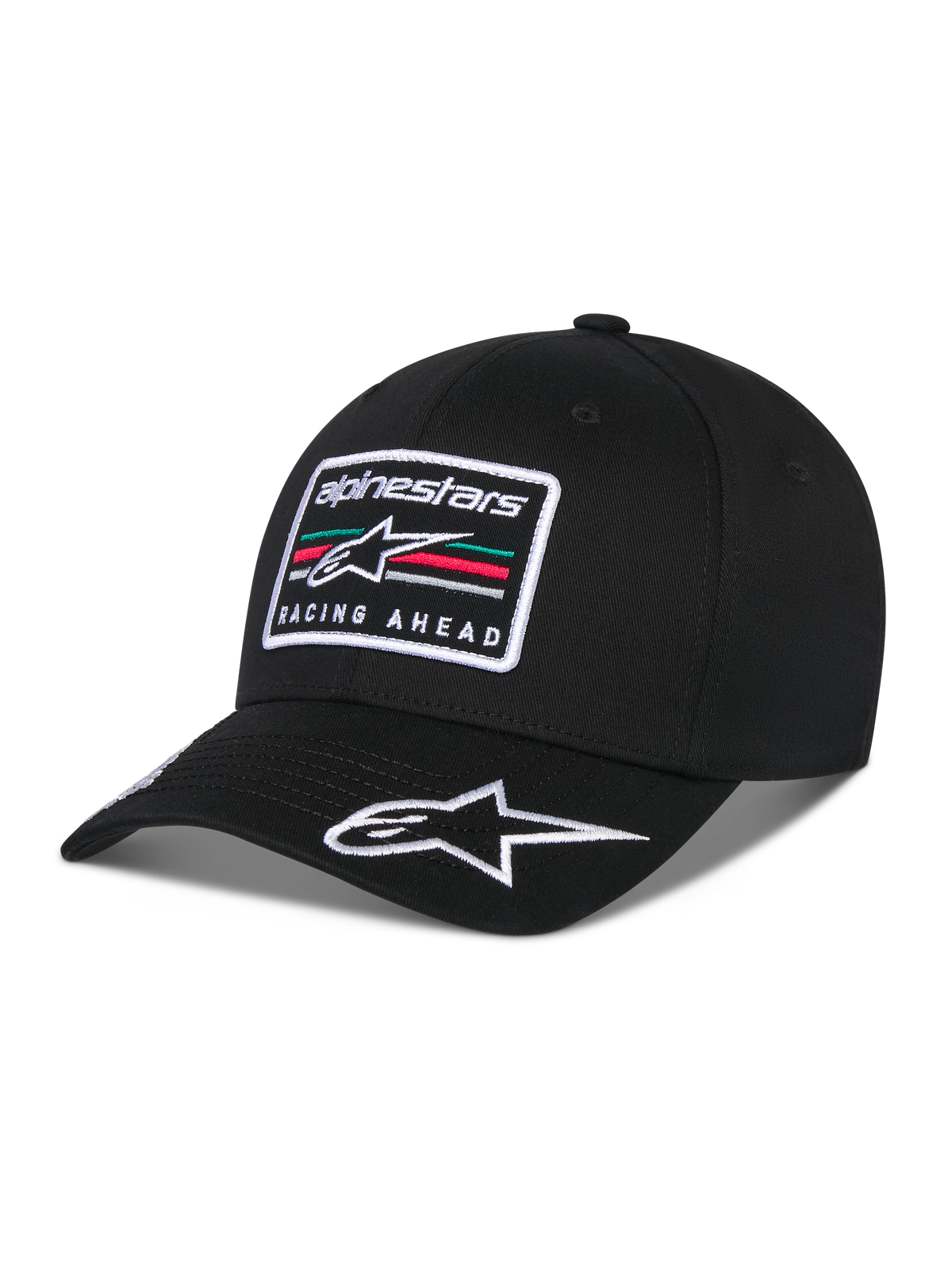 Alpinestars Surpass pet, baseballpet met gebogen klep, zwart, met een geborduurde rechthoekige patch op de voorkant met het Astars-logo en de tekst 'Racing Ahead', wit geborduurd logo op de klep, gestructureerde kroon en keperstof voor casual motorsport-geïnspireerde streetwear.
