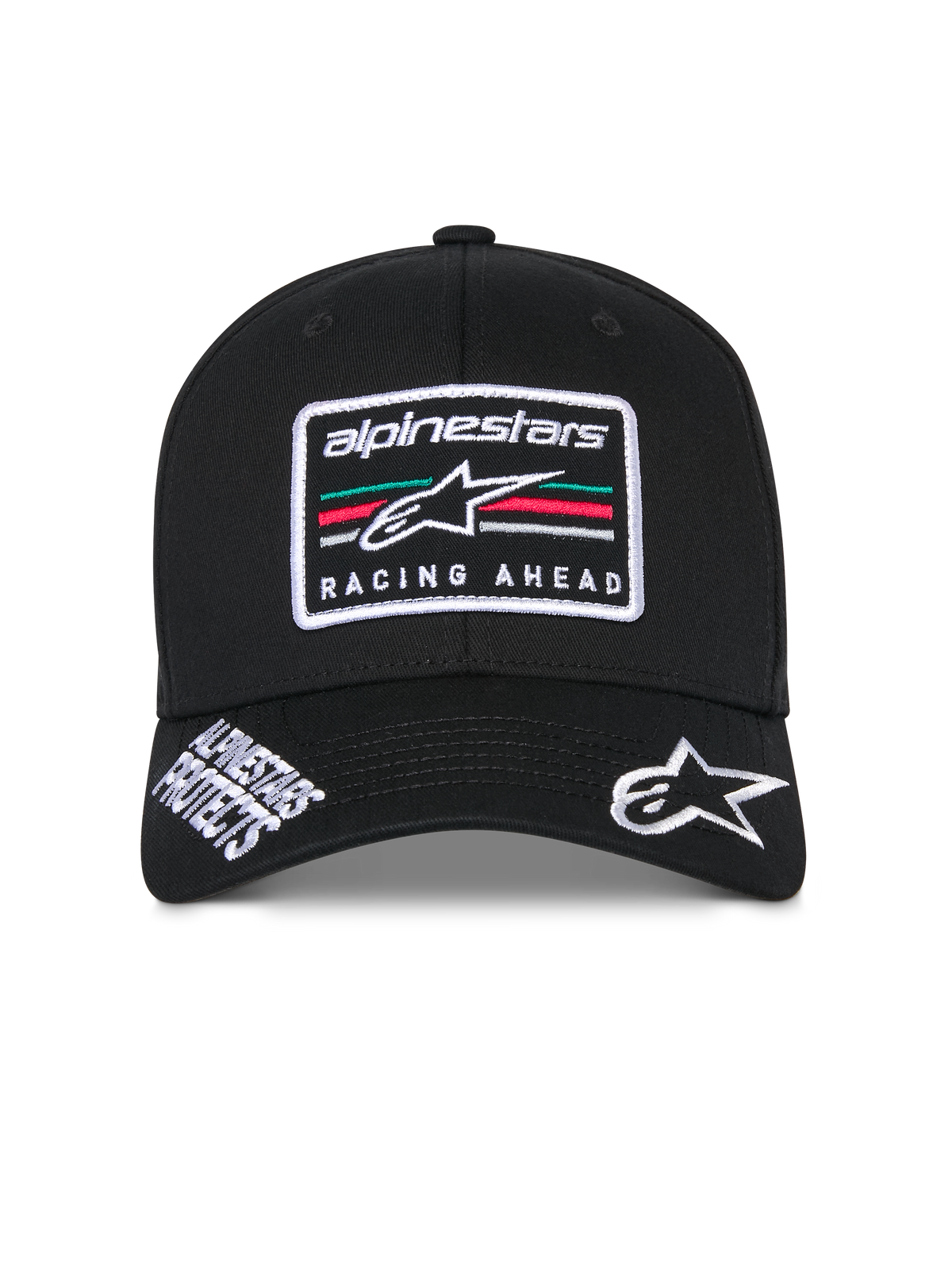 Alpinestars Surpass pet, zwarte gestructureerde baseballcap, gebogen klep met wit geborduurd Astars-logo en 'Alpinestars Protects'-tekst, 'Racing Ahead'-logopatch op de voorzijde met meerkleurige strepen, casual motorsport-geïnspireerde hoofdbedekking