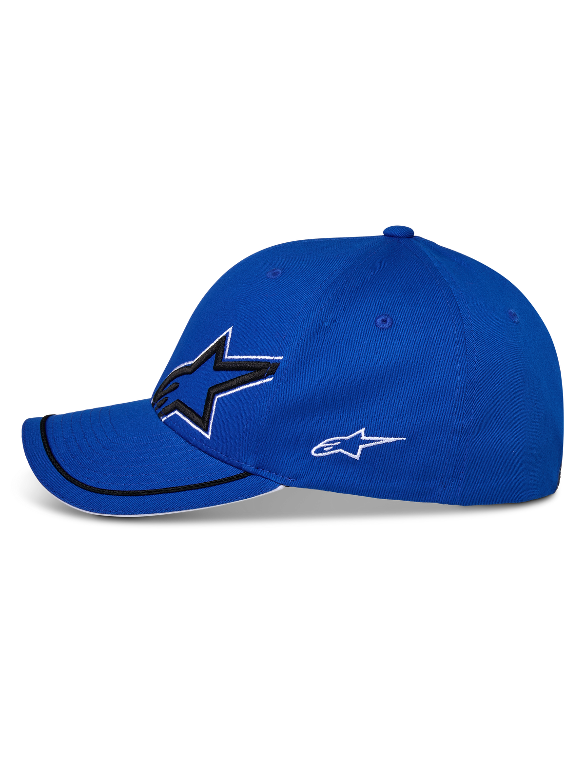 Alpinestars Corp Shift Relay Hat, Blue, side profile view, curved bill with black sutache trim and white sandwich edge, features large 3D Astars logo on front and smaller white logo on the side, casual sportswear hat