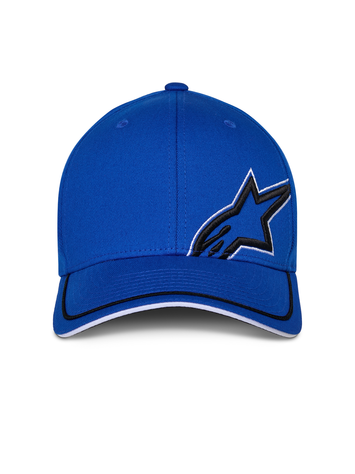 Alpinestars Corp Shift Relay Hat, Blue, structured baseball cap with curved bill, featuring black 3D Astars logo embroidery with white outline, black and white sandwich trim on bill, casual motorsport streetwear