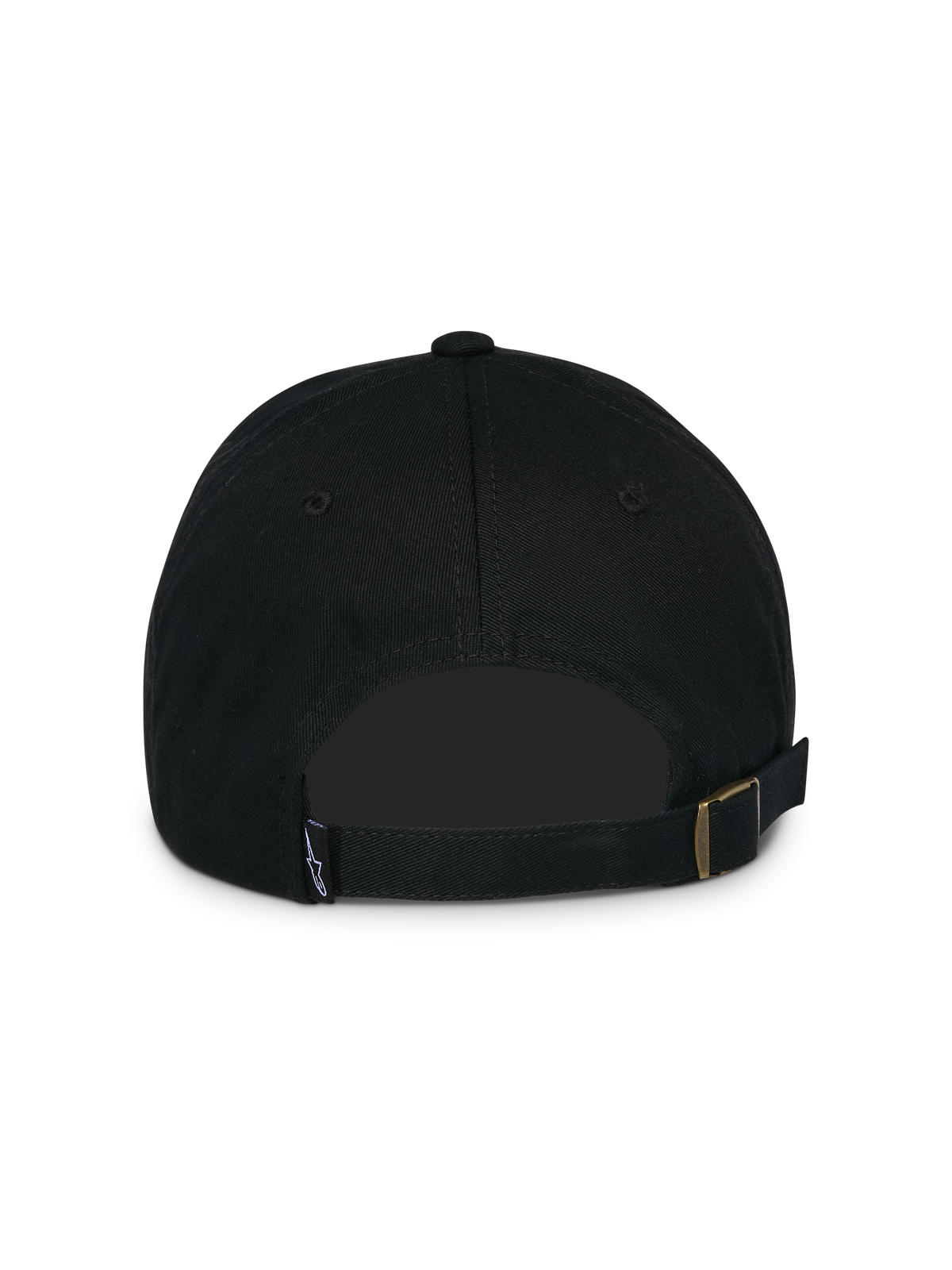 Alpinestars Calipalm Strapback pet, zwart, achteraanzicht met verstelbare strapback-sluiting en metalen gesp, klein geweven logolabel, ongestructureerde constructie van katoenen keperstof