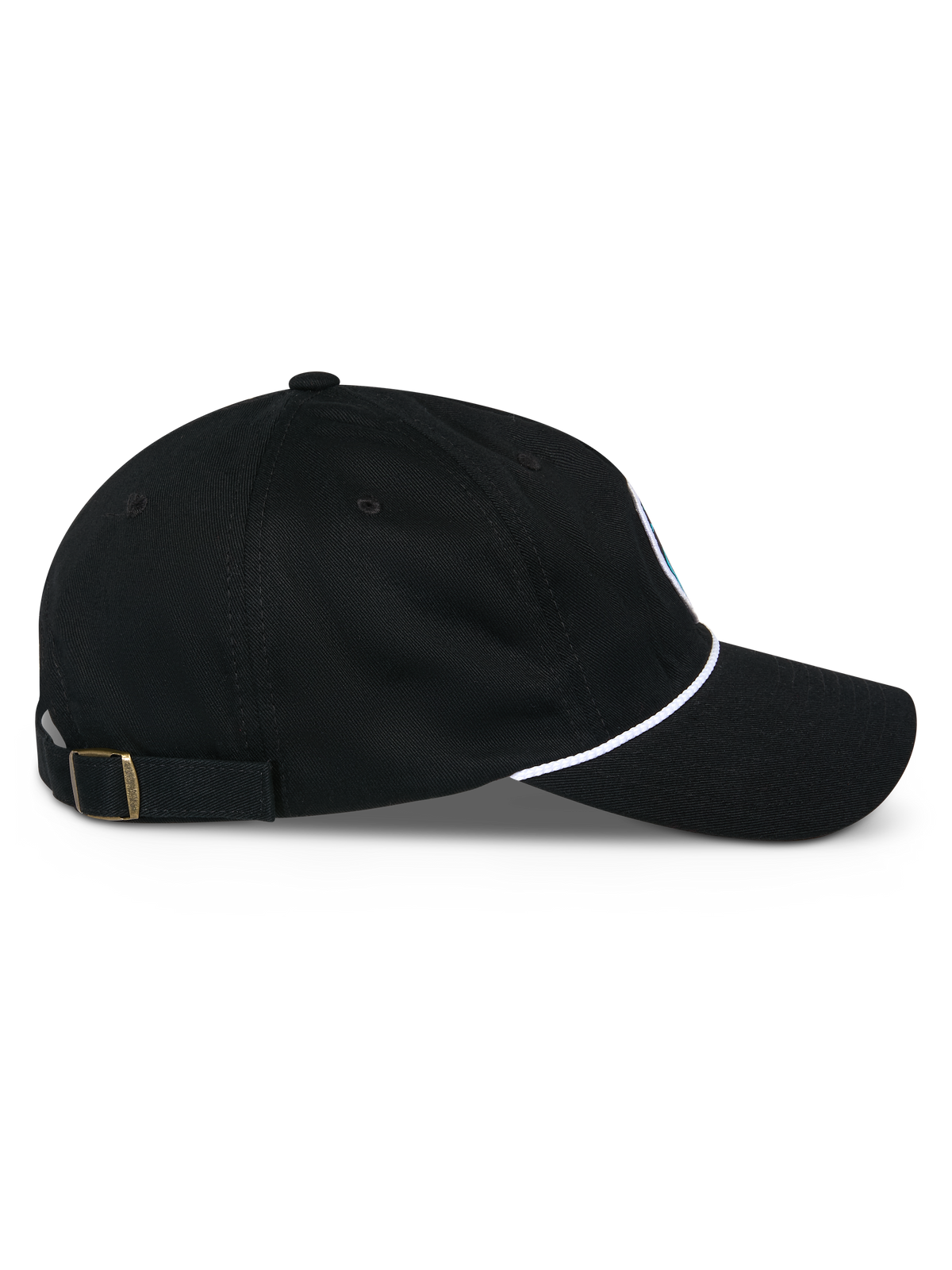Alpinestars Calipalm Strapback pet, zijaanzicht, zwart, gebogen klep met wit koorddetail, verstelbare achtersluiting met messing gesp, 100% katoenen keperstof, casual op motorsport geïnspireerde hoofdbedekking