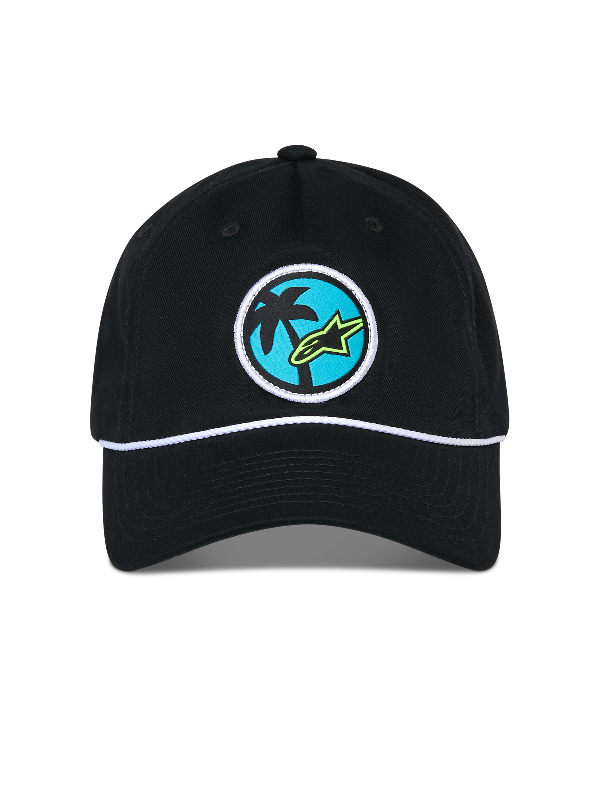 Alpinestars Calipalm Strapback pet, zwarte pet, met een ronde geweven patch met een palmboom en limoengroen Astars-logo op een blauwe achtergrond, wit koorddetail boven de klep, casual sportkleding