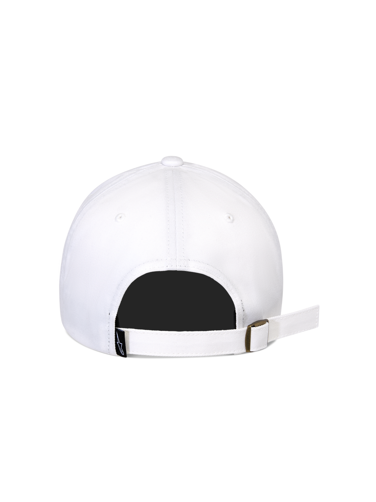 Alpinestars Calipalm Strapback pet, wit, achteraanzicht met verstelbare strapback-sluiting en metalen gesp, witte katoenen keperstof, klein zwart geweven logo-label, casual sportswear ontwerp