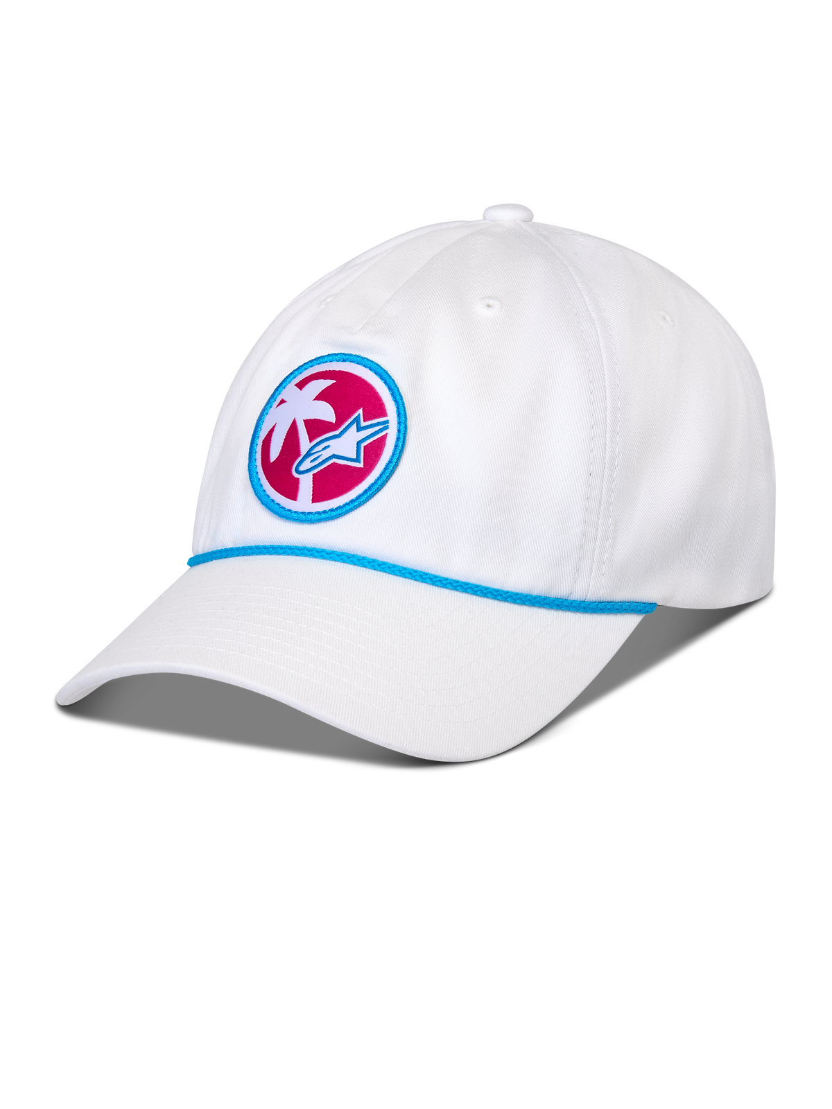 Alpinestars Calipalm Strapback pet, wit, gebogen klep met blauw touwdetail, ronde patch op de voorzijde met een witte palmboom en blauw Astars-logo op een roze achtergrond, casual sportswear