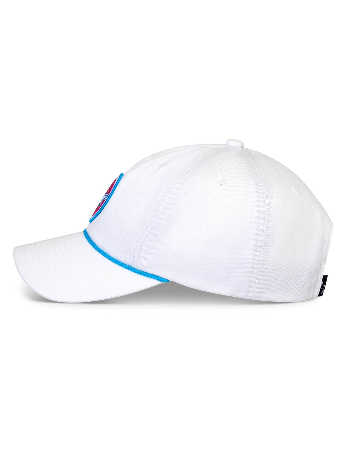 Alpinestars Calipalm Strapback pet, witte baseballcap, zijaanzicht met een gebogen klep en blauw koorddetail, ongestructureerde lage kroon van witte katoenen keperstof, casual sportieve hoofddeksel