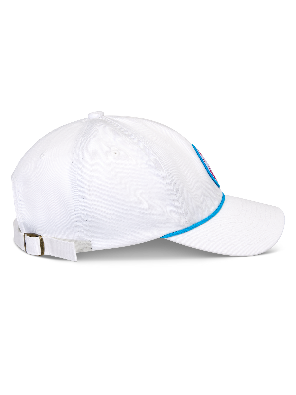 Alpinestars Calipalm Strapback pet, wit, zijaanzicht met gebogen klep en ongestructureerde lage kroon, blauw koorddetail aan de basis, verstelbare band aan de achterkant met metalen gesp, casual katoenen keperstof sportswear