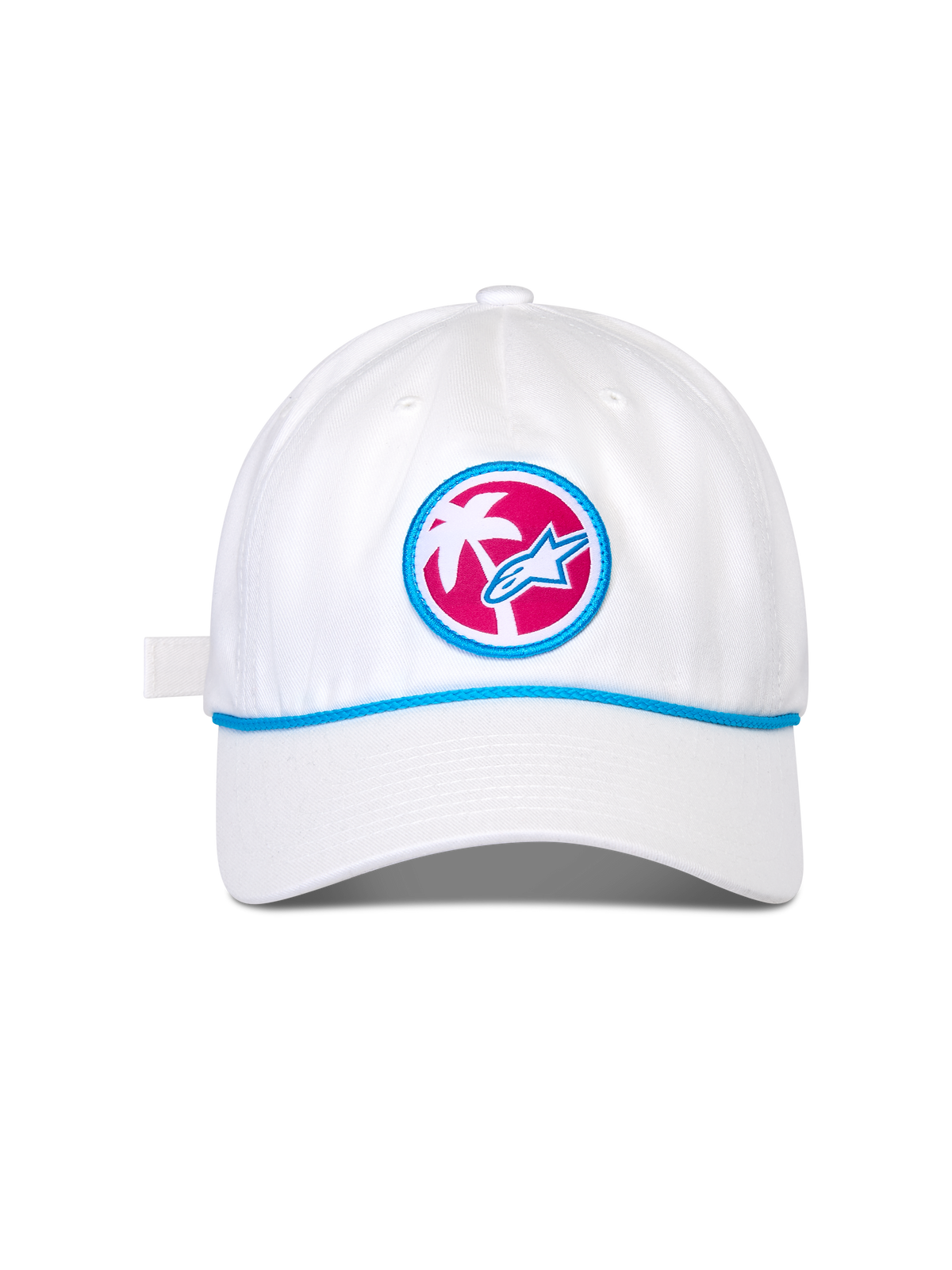 Alpinestars Calipalm Strapback pet, witte baseballcap, gebogen klep met blauw koorddetail, ronde patch aan de voorkant met roze achtergrond, witte palmboom en blauw Astars-logo, casual sportswear hoofdbedekking