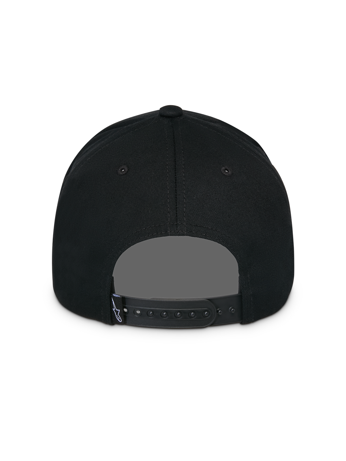 Alpinestars Lucid Snapback pet, zwart, achteraanzicht, met verstelbare snapback-sluiting en klein Astars-logolabel, gestructureerde kroon, casual op motorsport geïnspireerd hoofddeksel