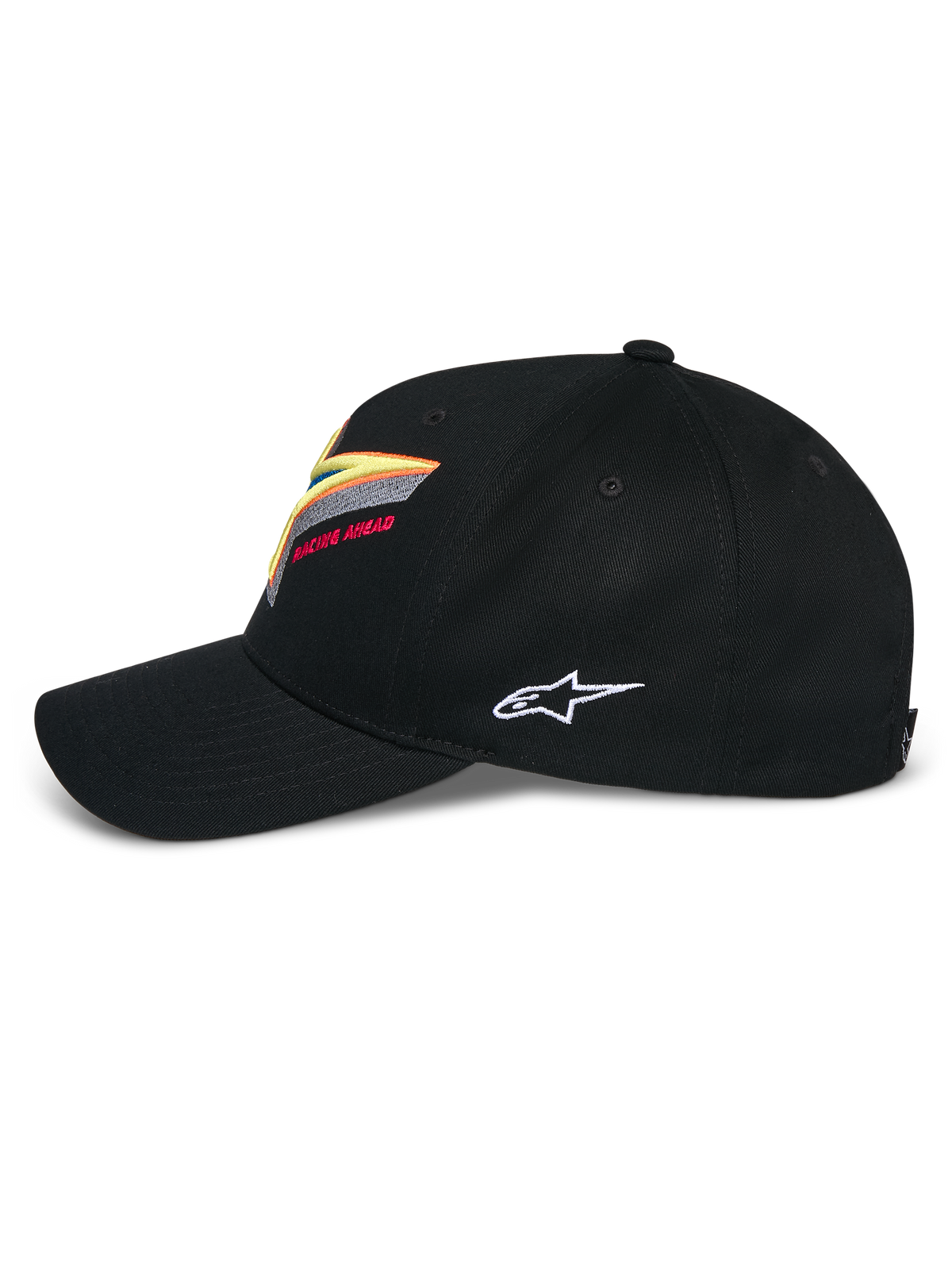 Alpinestars Lucid Snapback pet, zwart, gestructureerde kroon met gebogen klep, voorzien van levendig meerkleurig geborduurd Astars-logo op de voorkant en wit logo aan de zijkant, casual op de motorsport geïnspireerde sportswear
