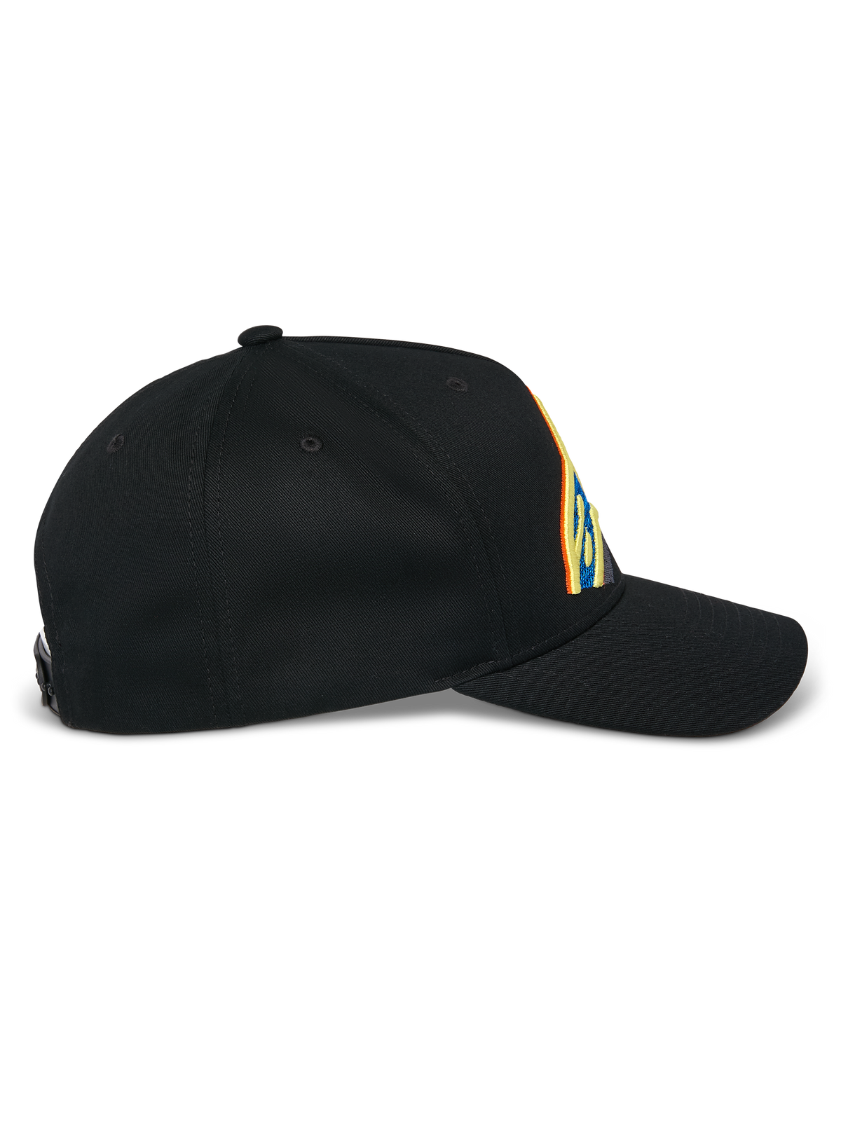 Alpinestars Lucid Snapback pet, zwart, zijaanzicht, gebogen klep met gestructureerde kroon, levendig meerkleurig geborduurd logo, 100% katoenen keperstof