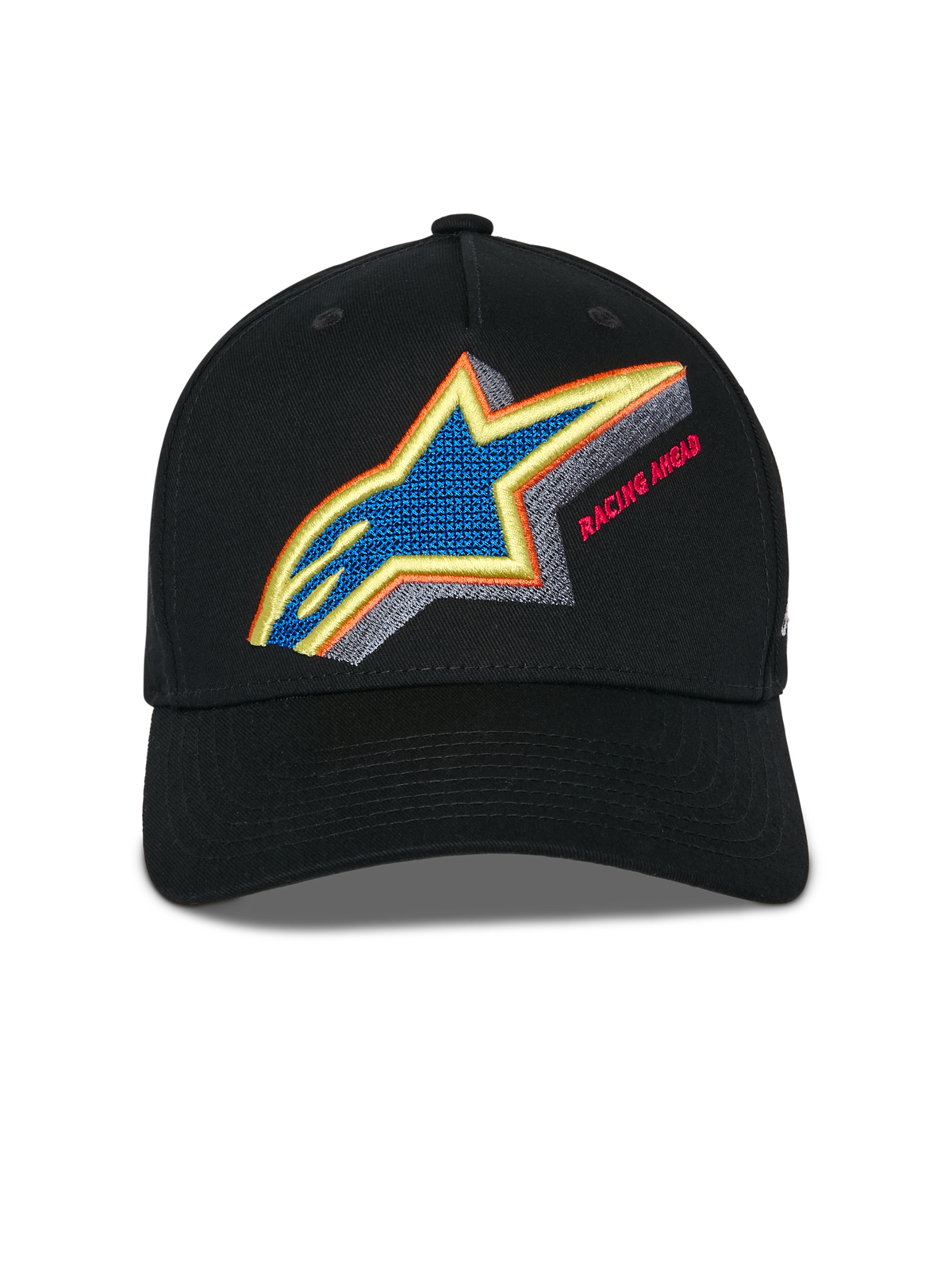 Alpinestars Lucid Snapback pet, zwart, vooraanzicht met levendig meerkleurig Astars-logo borduurwerk en 'Racing Ahead' tekst, gebogen klep en gestructureerde kroon, casual sportswear pet