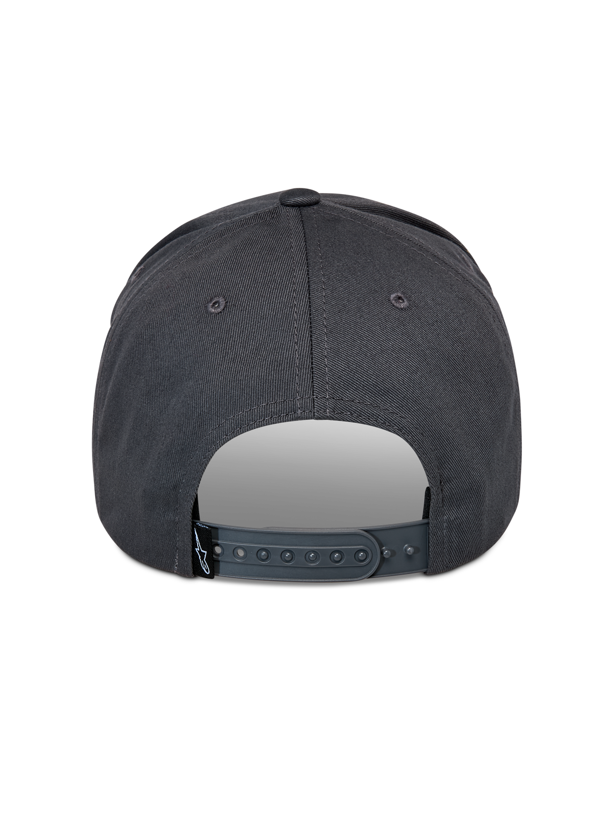 Alpinestars Lucid Snapback pet, antracietgrijs, achteraanzicht met verstelbare plastic snapback-sluiting en klein zwart logolabel, gestructureerde kroon, casual motorsport-geïnspireerde hoofdbedekking