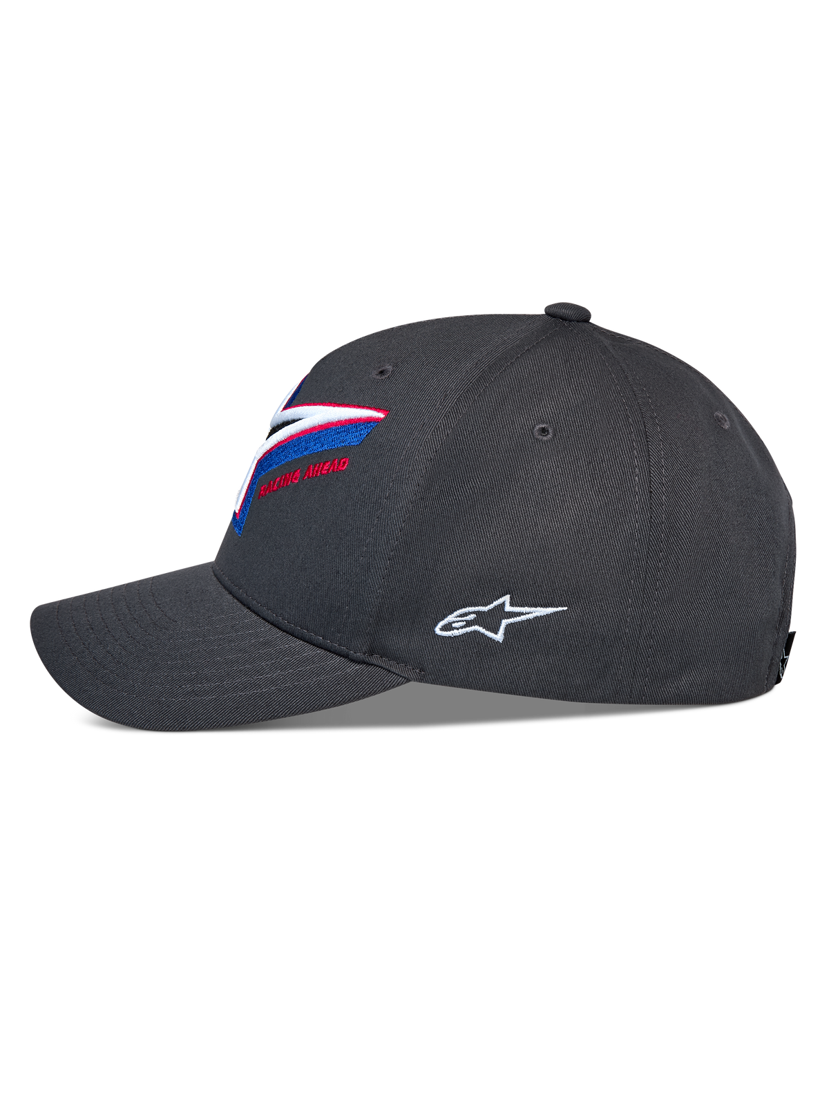 Alpinestars Lucid Snapback pet, zijaanzicht, houtskoolgrijs, gebogen klep met gestructureerde kroon, levendig meerkleurig geborduurd logo op de voorzijde, wit Astars-logo aan de zijkant, casual motorsport hoofdbedekking