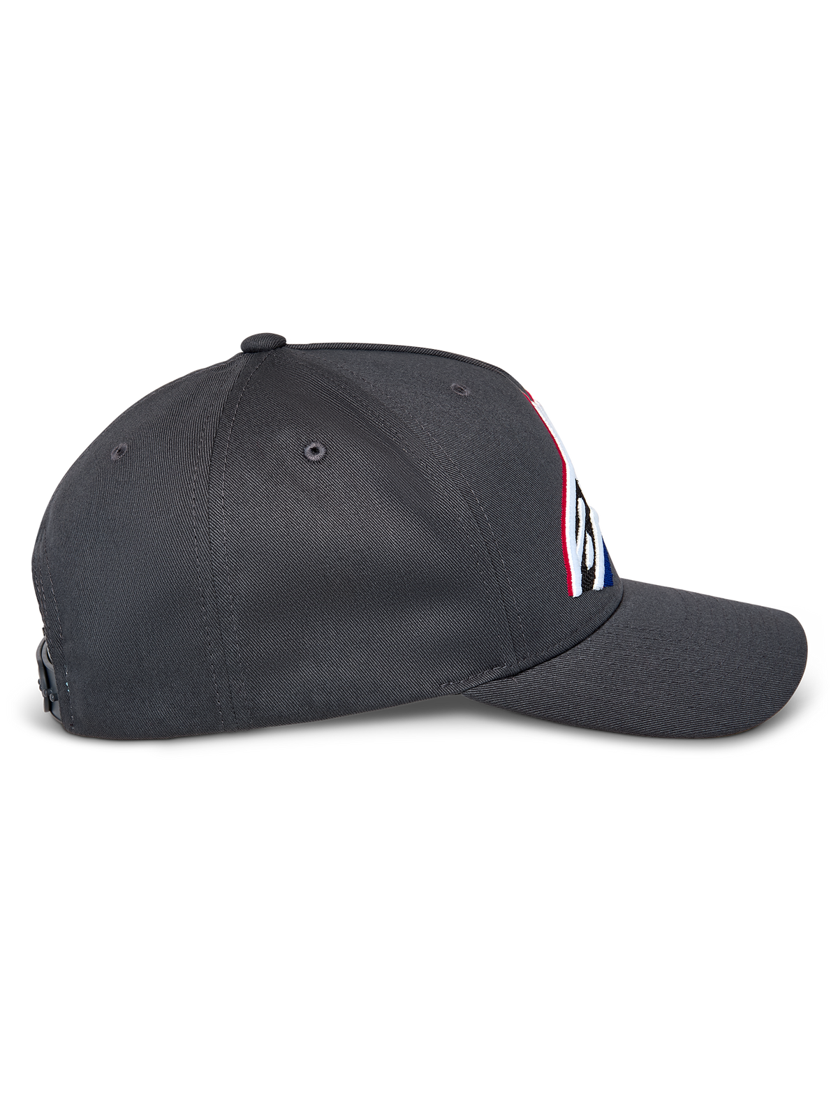 Alpinestars Lucid Snapback pet, zijprofiel, antracietgrijs, gebogen klep en gestructureerde kroon, geborduurd logo aan de voorzijde met meerkleurige vulling, casual motorsport-geïnspireerde snapback