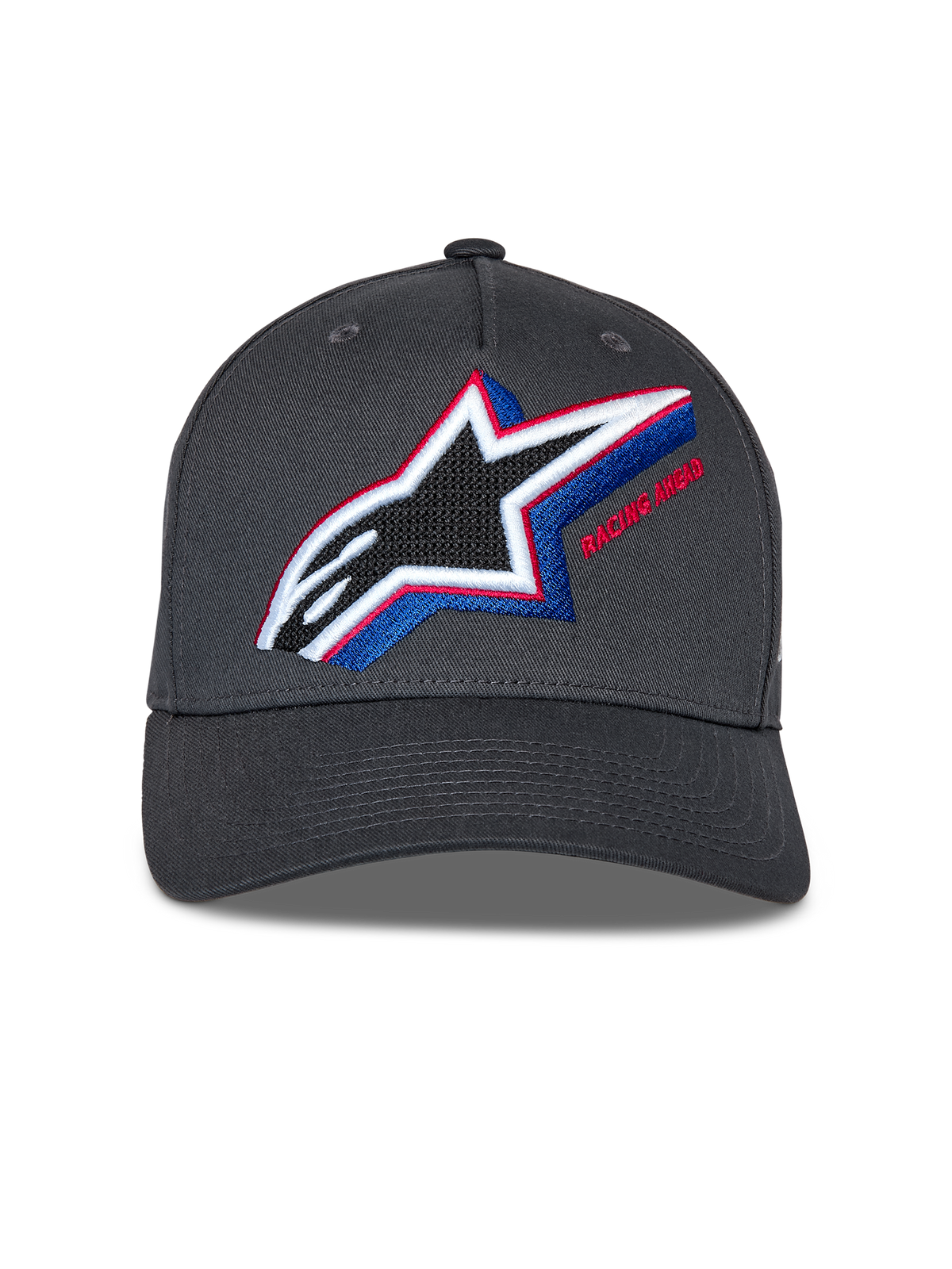 Alpinestars Lucid Snapback pet, antracietgrijs, voorzien van meerkleurig geborduurd Astars-logo met rode en blauwe accenten, gebogen klep, gestructureerde kroon, casual motorsport streetwear