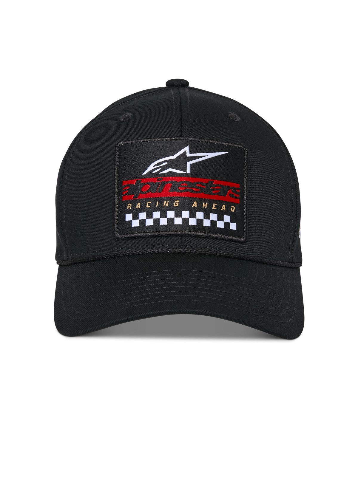 Alpinestars Matrix Snapback Pet, zwart, gestructureerde kroon en gebogen klep, vooraanzicht met een meerkleurige geborduurde patch met een wit Astars-logo, rode merknaam en een zwart-wit geblokt patroon, casual motorsport-hoofddeksel
