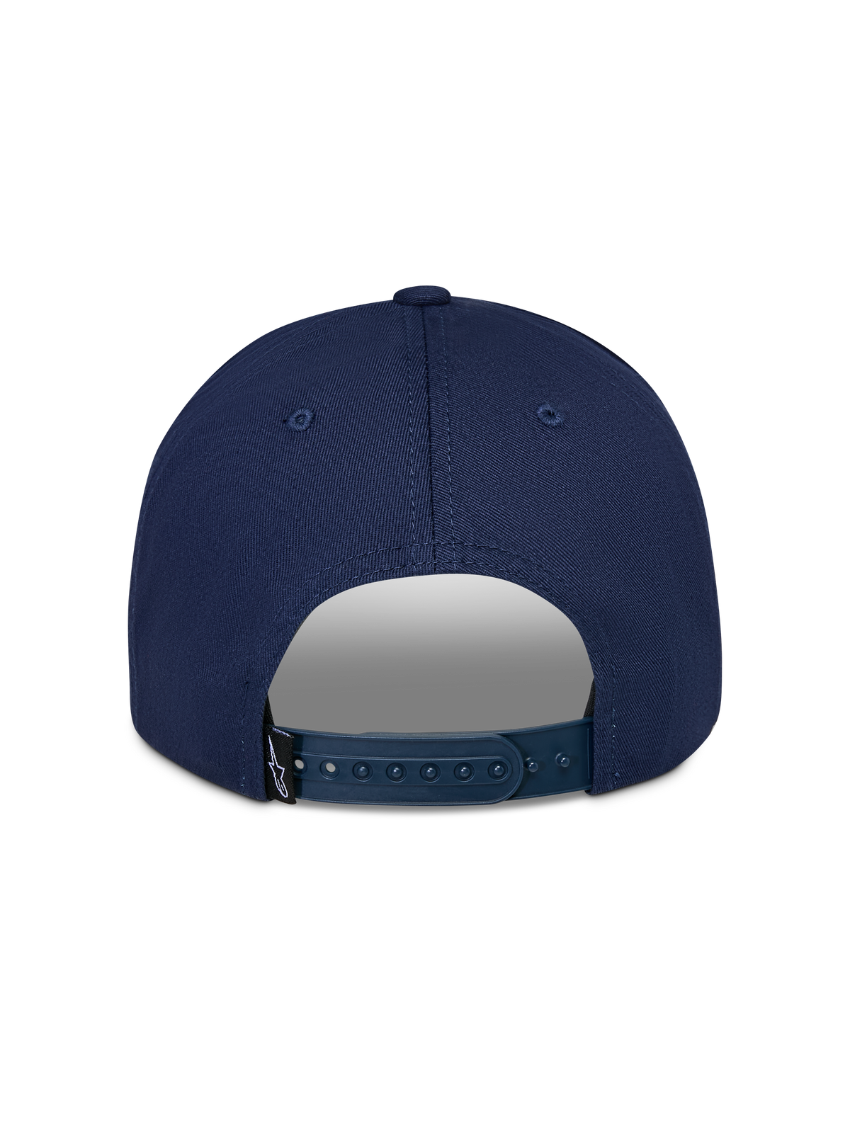 Alpinestars Trifecta Snapback-pet, marineblauw, achteraanzicht met verstelbare snapback-sluiting, klein zwart logo-label, duurzame katoenen keperstof, casual motorsport streetwear