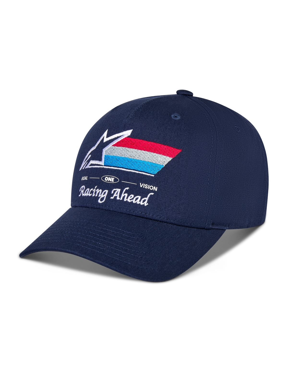 Alpinestars Trifecta Snapback pet, marineblauw, gebogen klep met gestructureerde kroon, geborduurd Astars-logo op de voorkant met rode, witte en lichtblauwe strepen, witte tekst 'Racing Ahead' en 'Goal One Vision', casual motorsport-hoofddeksel