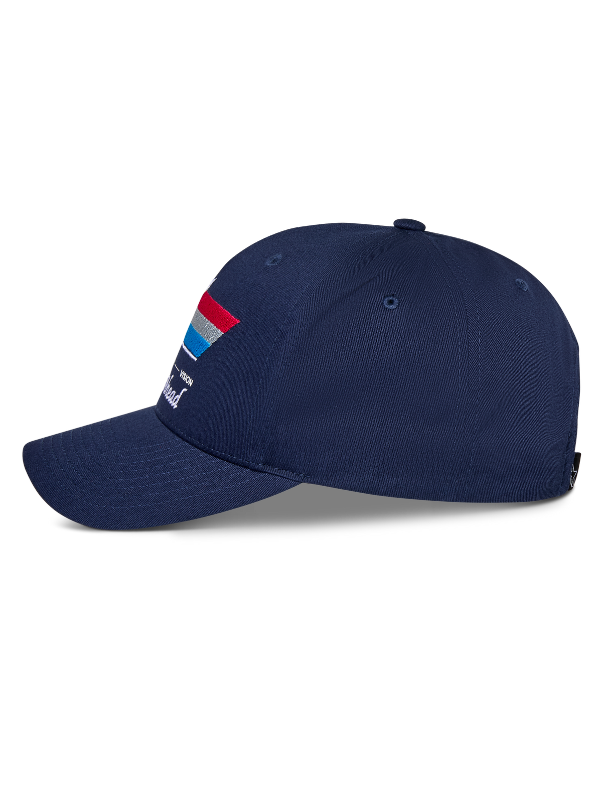 Alpinestars Trifecta Snapback pet, marineblauw, zijaanzicht, voorzien van gebogen klep en driekleurige streepgrafiek met witte tekst, casual motorsport-hoofddeksel