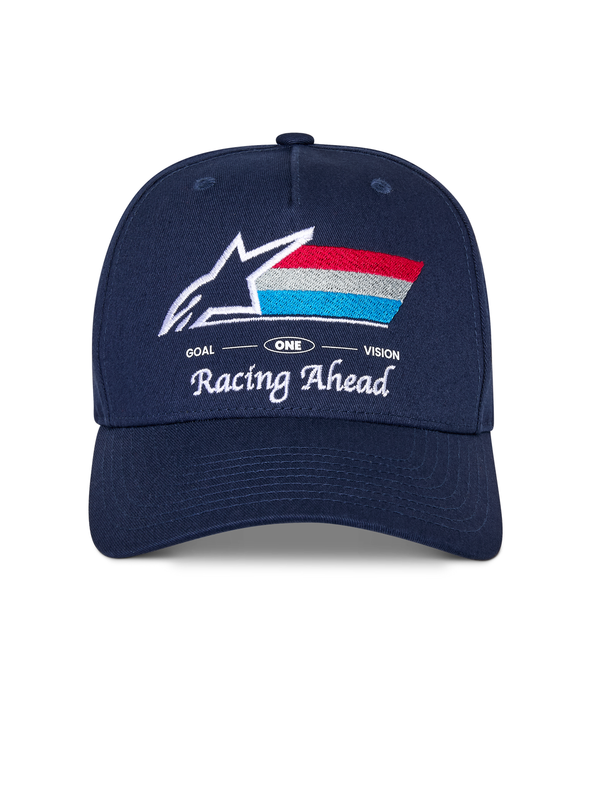 Alpinestars Trifecta Snapback pet, marineblauwe cap met gebogen klep, voorzien van geborduurd logo voorop met witte ster en driekleurige strepen, 'Racing Ahead' en 'Goal One Vision' witte tekst, gestructureerde kroon, casual motorsport-geïnspireerde pet