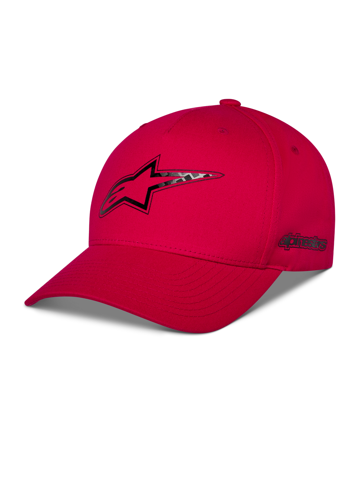 Alpinestars Carbon Fiber Snapback-pet, rood, Astars-logo op de voorkant en woordlogo aan de zijkant met carbon fiber look heat transfer print, gebogen klep en gestructureerde kroon, casual motorsport streetwear