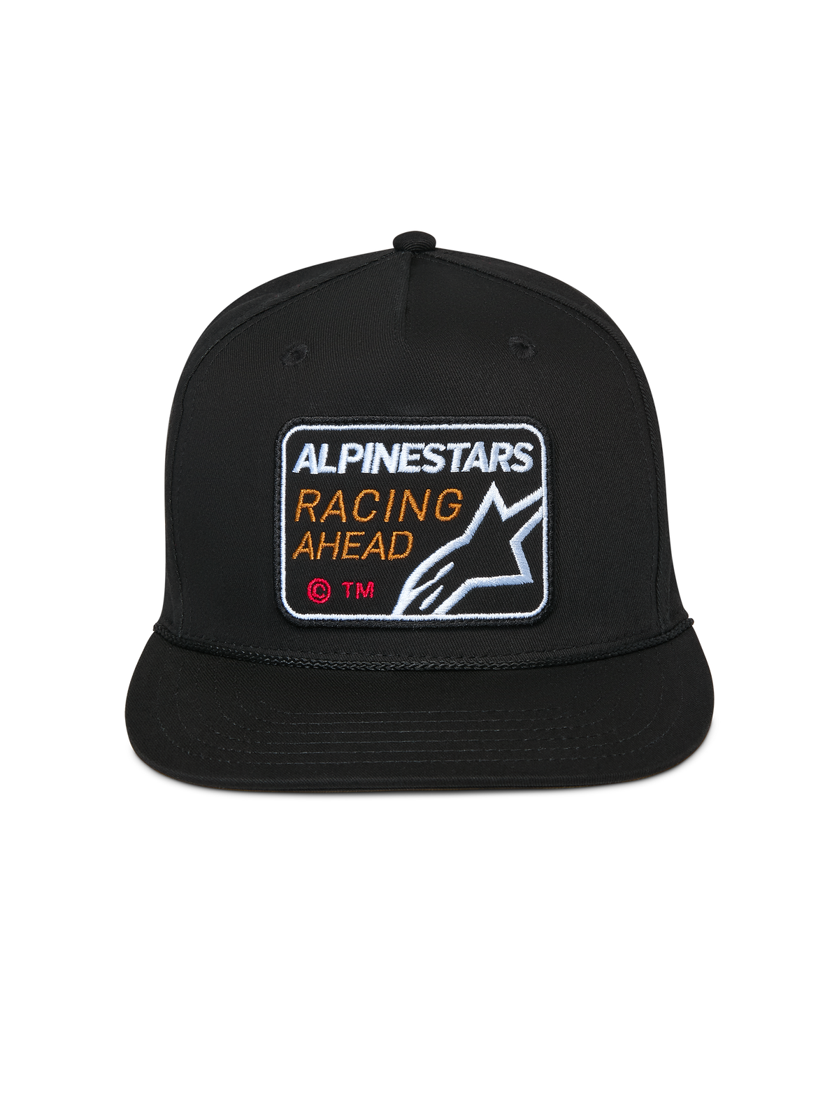 Alpinestars Intuitive Snapback pet, zwart, geborduurde Alpinestars Racing Ahead patch op de voorkant, platte klep met gestructureerde kroon, casual motorsport hoofdbedekking