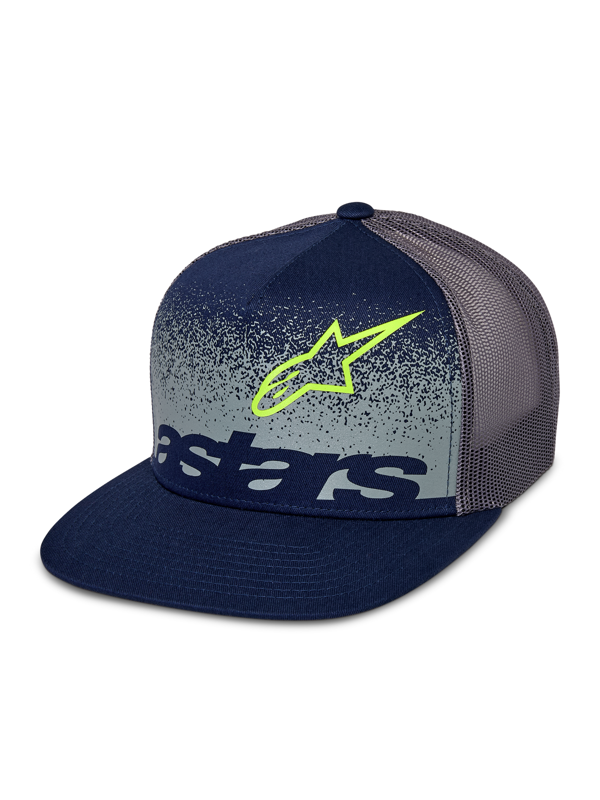Alpinestars Component Trucker pet, donkerblauw en grijs, platte klep met gestructureerde kroon, grijze mesh achterkant, voorzien van een limoengroene Astars logo-omtrek en donkerblauw woordmerk op een grijs gespikkeld MX-verloop voorpaneel