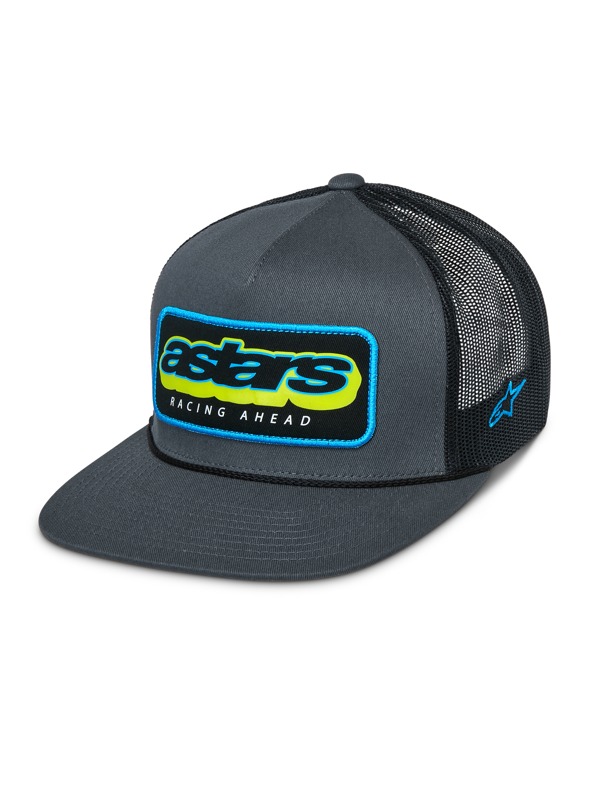 Alpinestars Phosphor Trucker pet, Charcoal Black, grijze twill voorkant met zwart mesh achterpand, levendig meerkleurig Astars-logo met 'Racing Ahead' tekst, platte klep, geborduurd logo aan de zijkant, casual motorsport-geïnspireerde pet