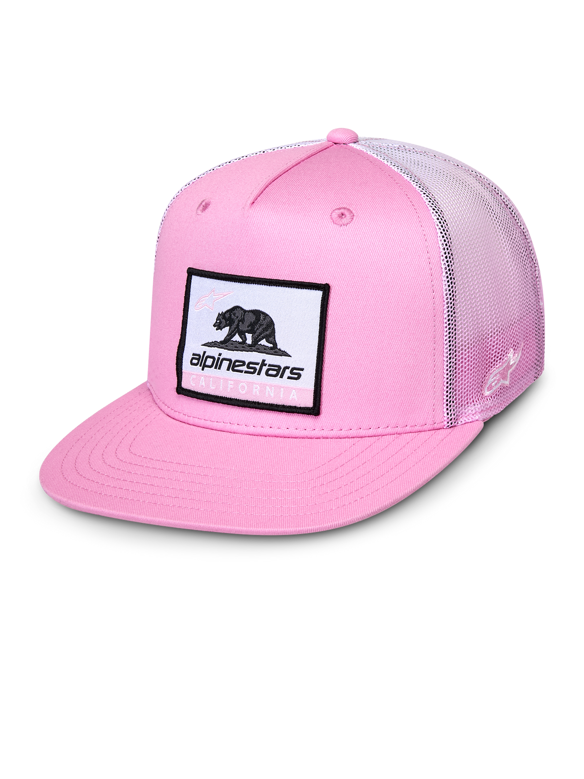 Alpinestars Cali Gradient Trucker pet, roze en wit, pet met platte klep en geweven Cali Bear patch, roze twill voorkant en mesh achterkant met kleurverloop, casual sportieve hoofddeksel