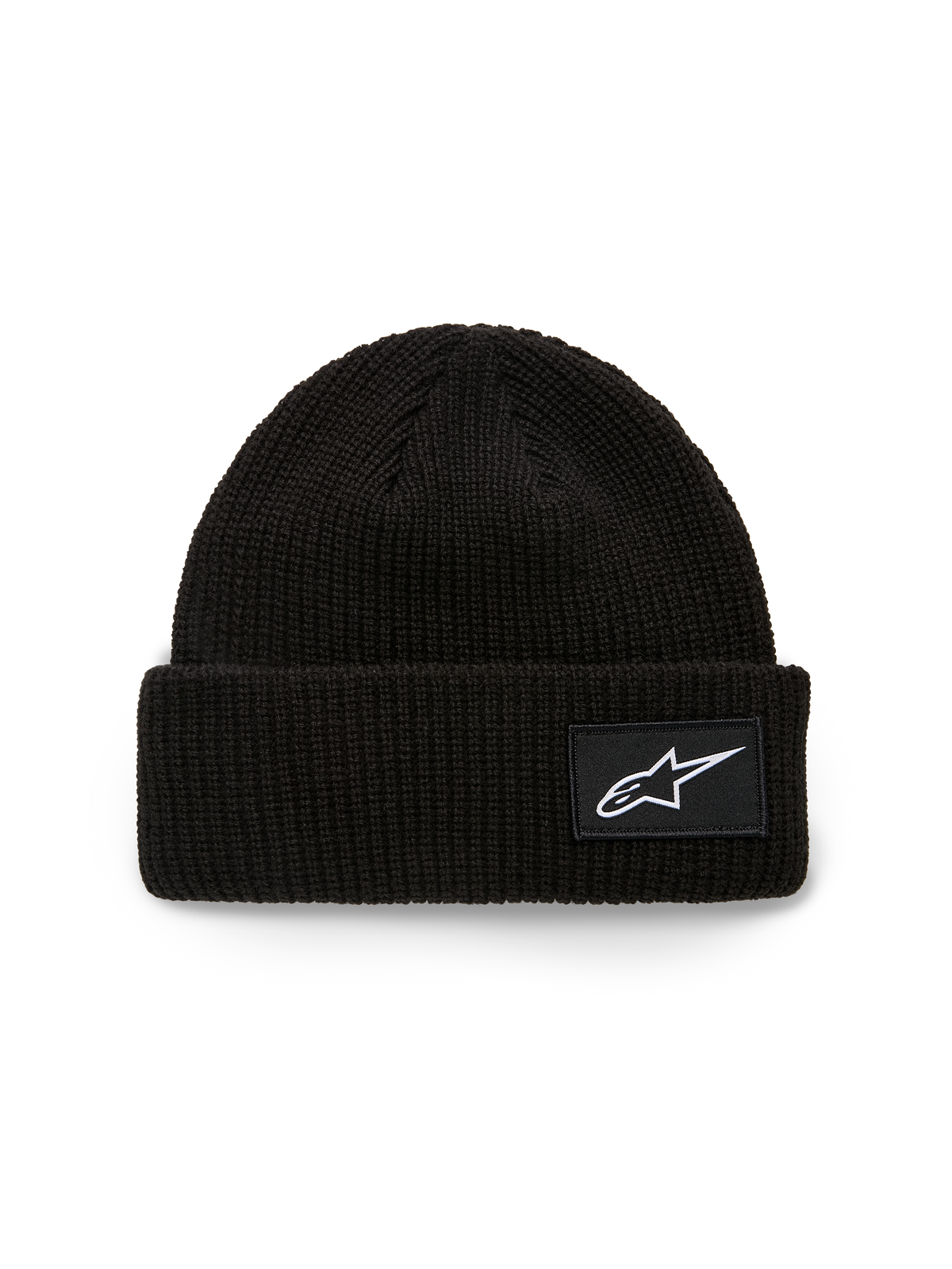 Alpinestars Unload Rib Cuff Beanie, gebreide muts, zwart, voorzien van een geribbelde omslag met een witte geweven Astars-logopatch, ondiepe pasvorm, casual sportkleding