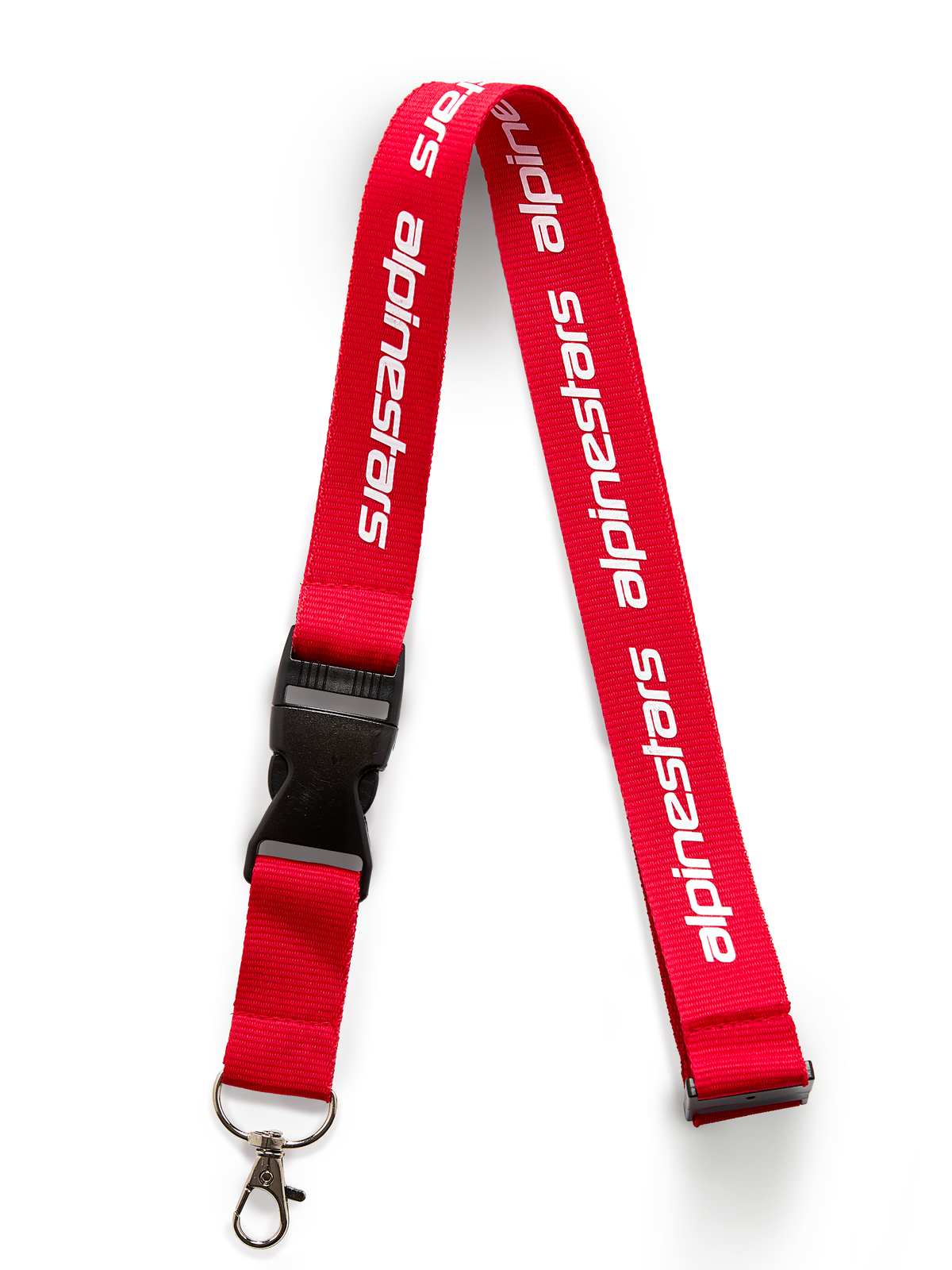 Alpinestars Linear sleutelkoord, rood en wit, voorzien van bedrukt Alpinestars woordlogo, zwarte veiligheidsclip en afneembare metalen draaiclip, op motorsport geïnspireerd accessoire