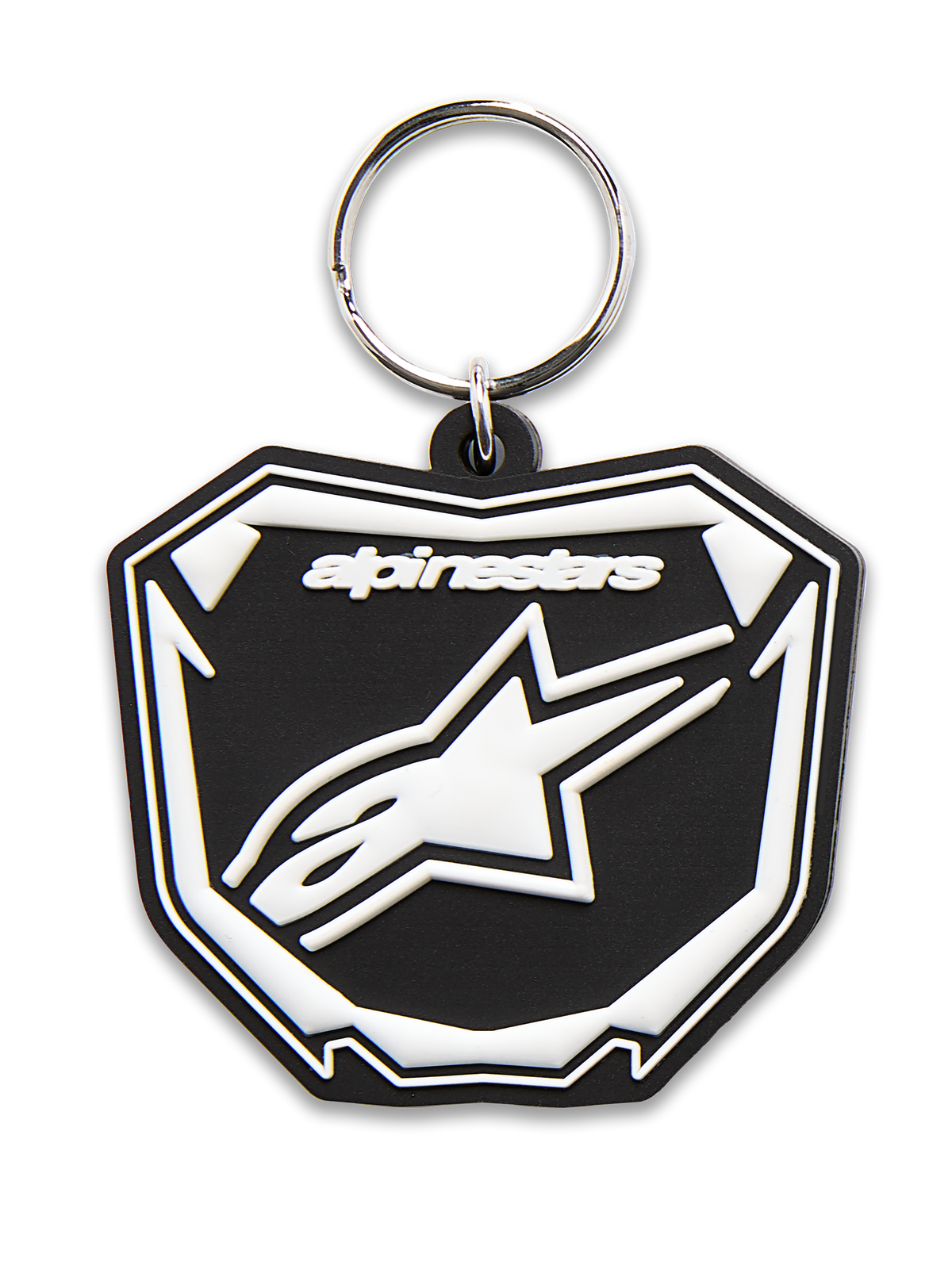 Alpinestars Plate sleutelhanger, 3D-gevormde sleutelhanger, zwart en wit, voorzien van Astars MX-plaatgrafiek met wit logo en tekst, zilverkleurige metalen ring, motorsport-geïnspireerd accessoire